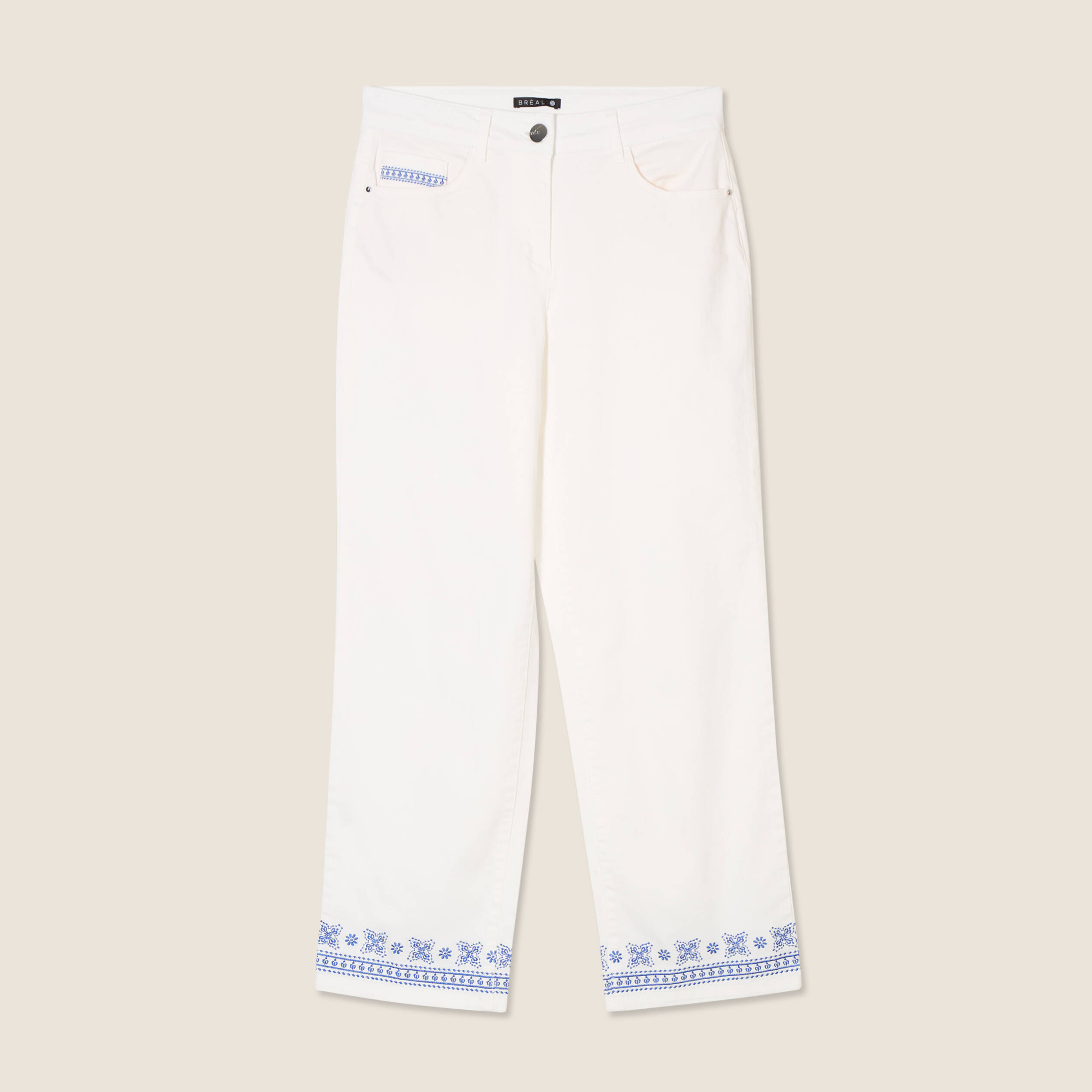 Jean droit brodé blanc femme