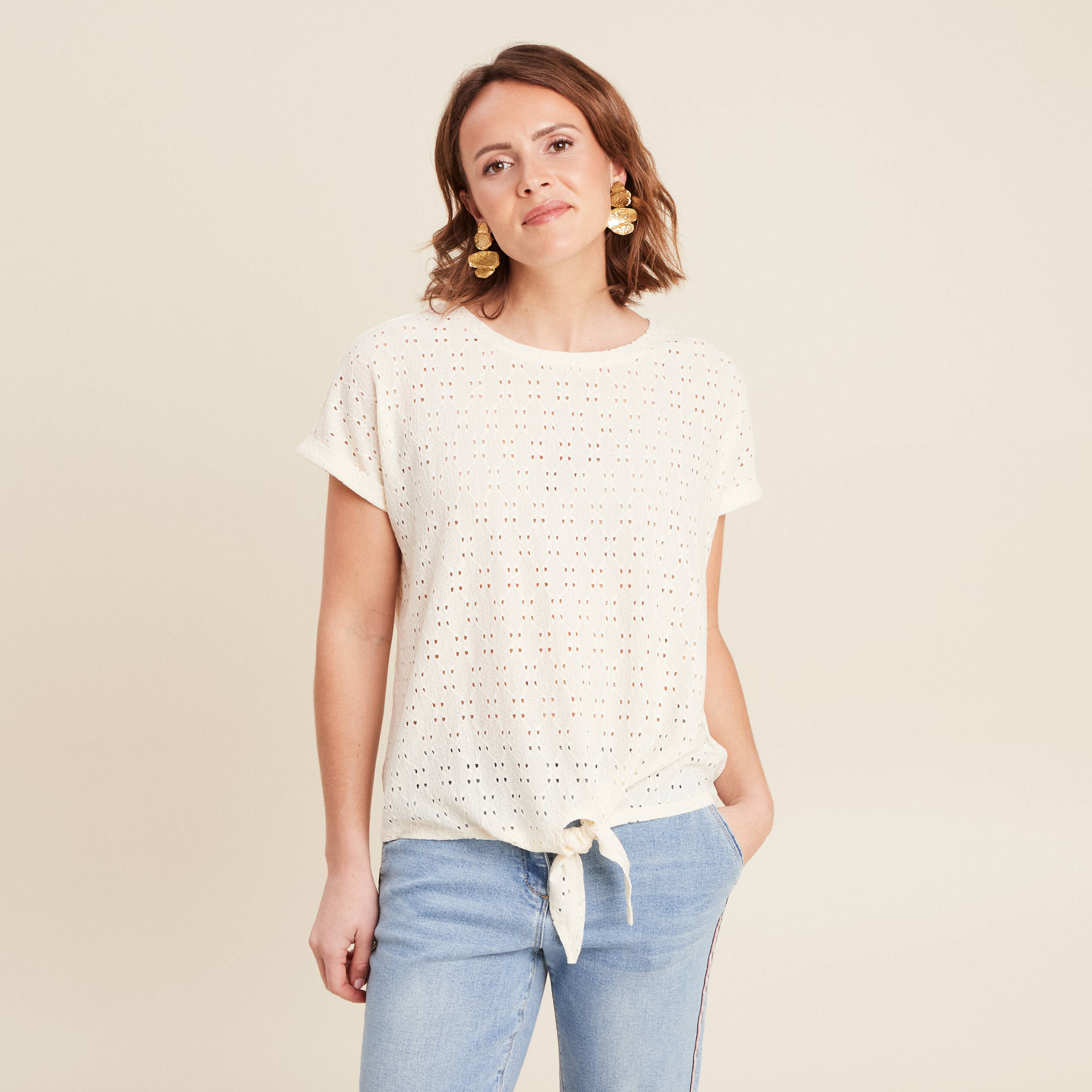 Blouse manches courtes nouée ecru femme