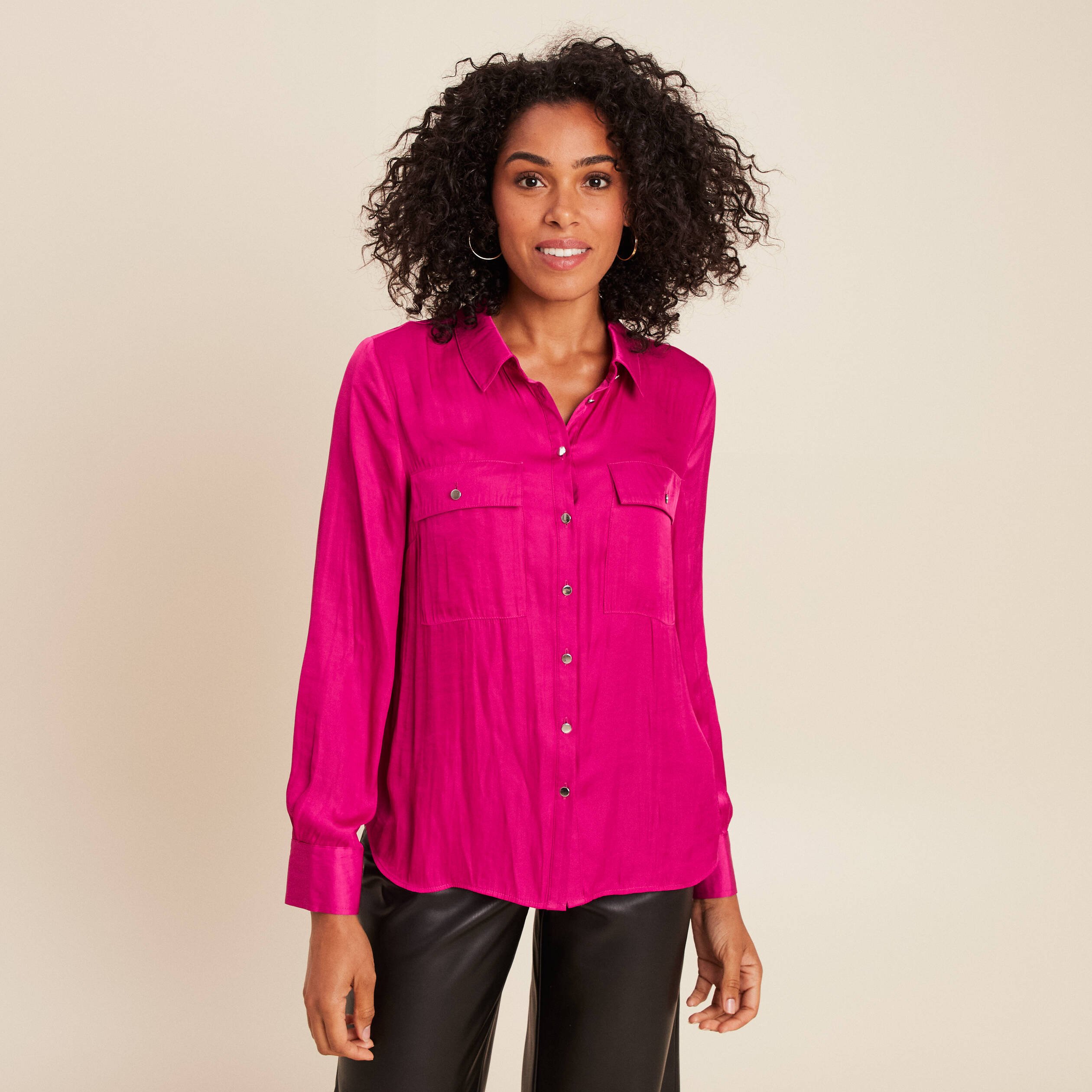 Chemise satinée manches longues rose fushia femme Bréal