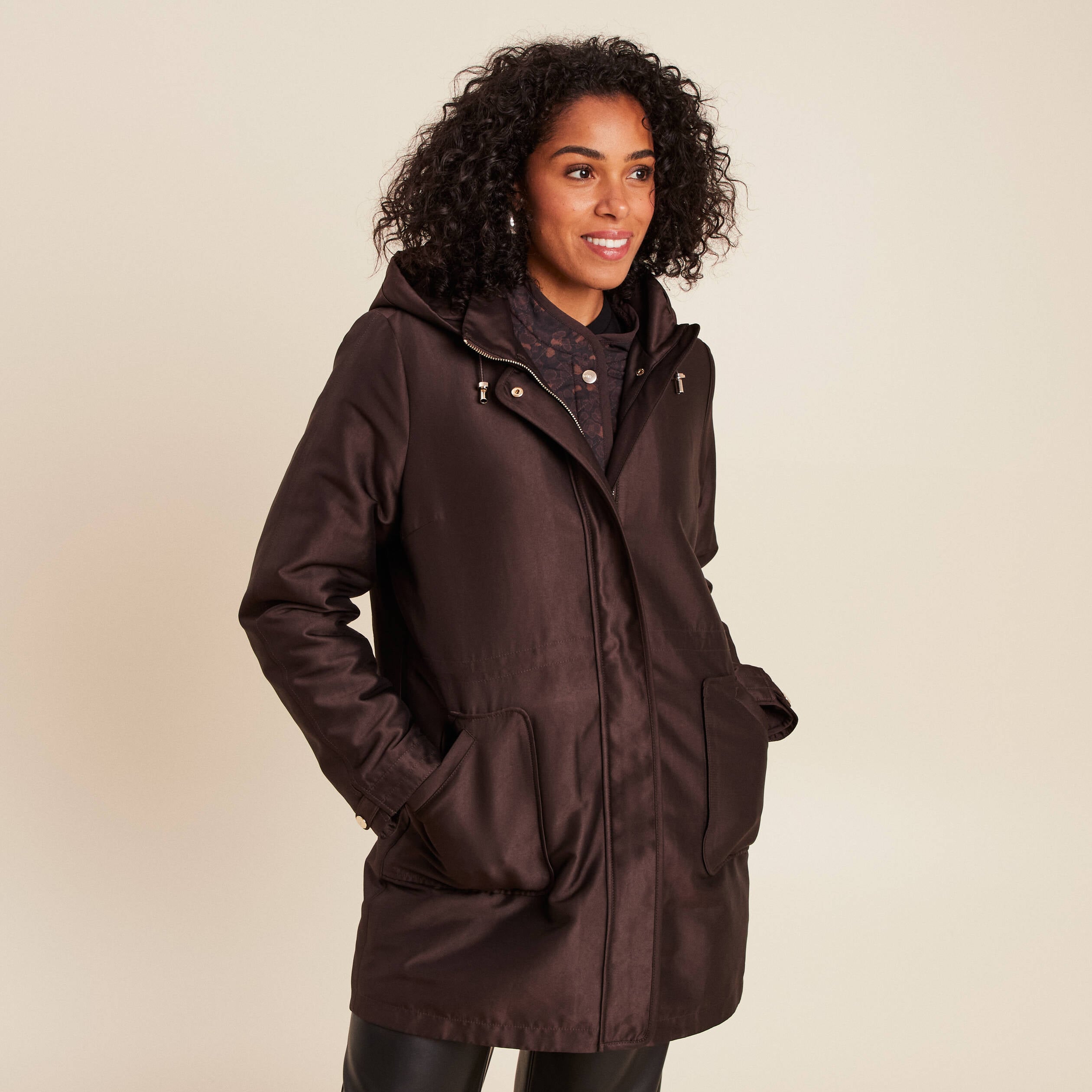 Parka cintr&eacute;e 4 en 1 avec capuche marron fonc&eacute; femme