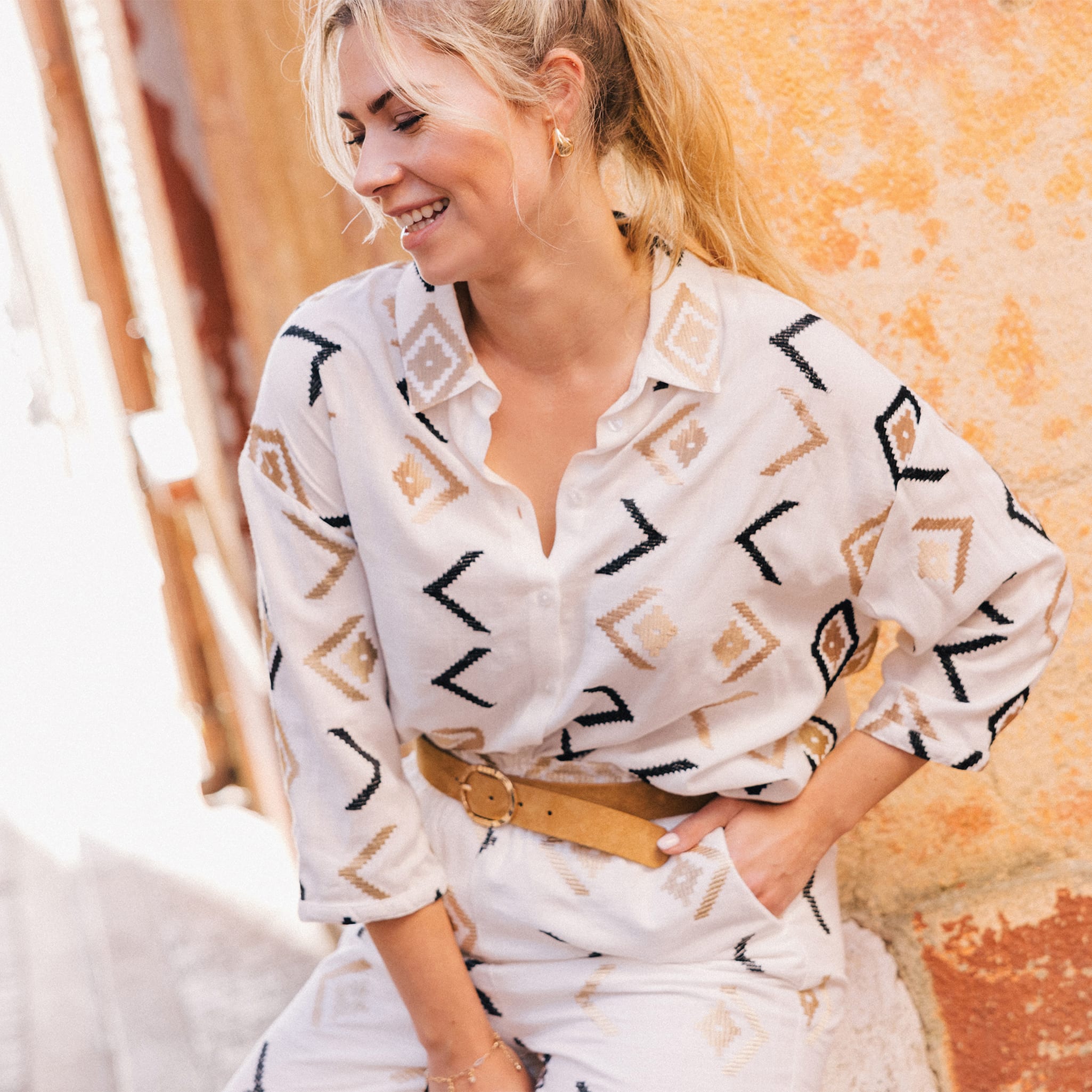Chemise manches 3/4 brodée blanc femme