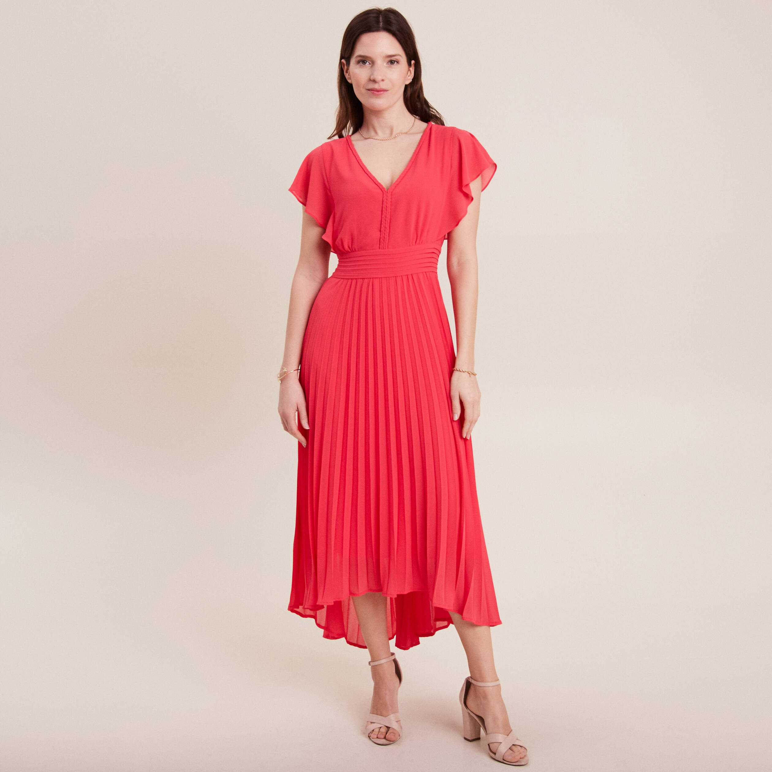 Robe longue évasée plissée rose cerise femme