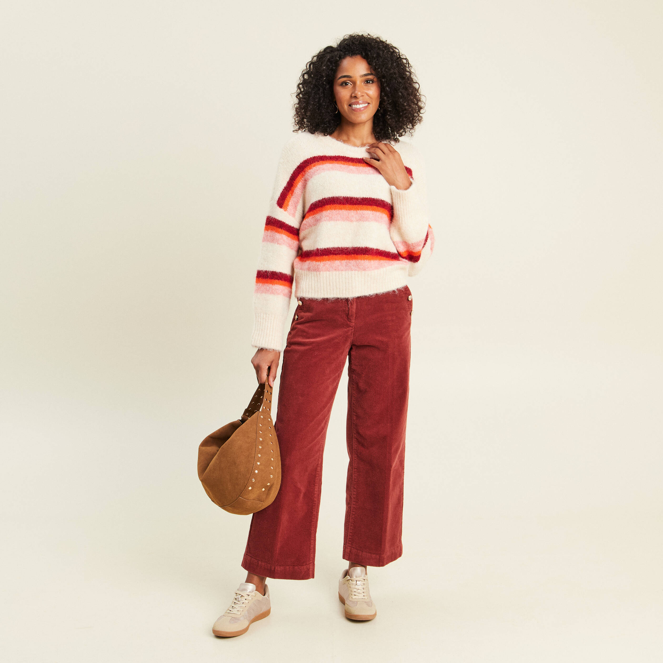 Pull col rond orange femme