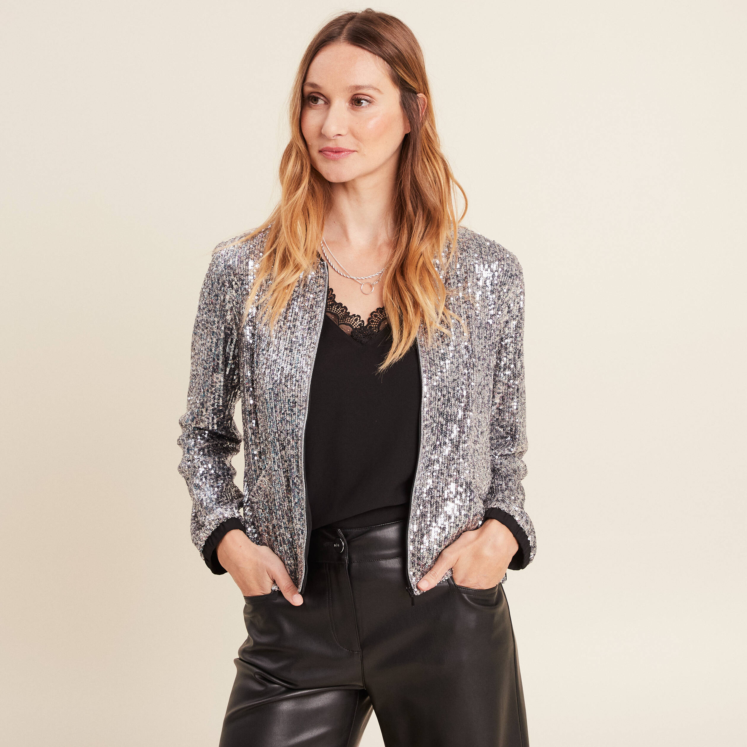 Veste zipp&eacute;e sequins gris argent femme