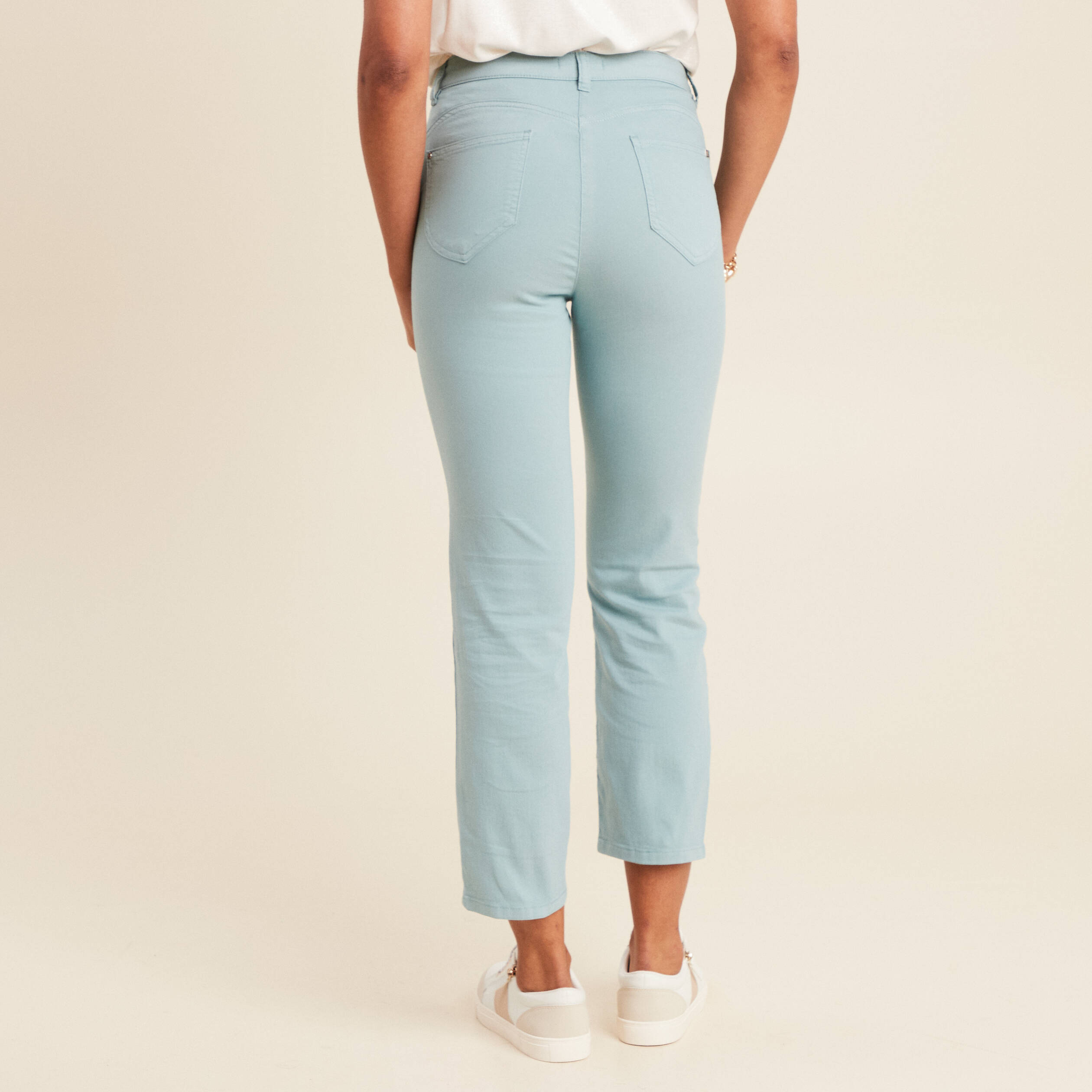 Pantalon droit taille haute 7/8ème bleu canard femme