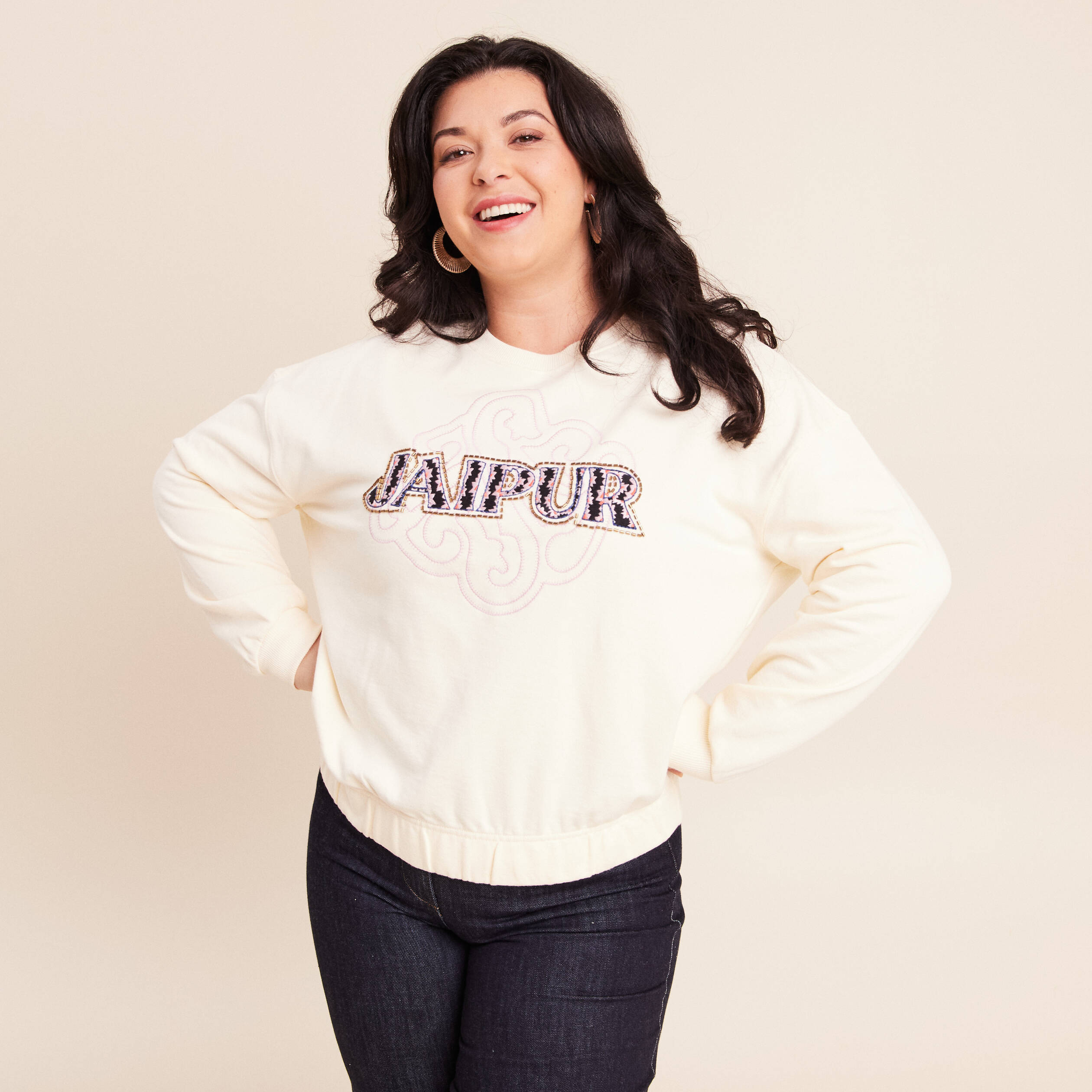 Beige FEMME Sweat-shirt en tissu épais à manches longues et col rond