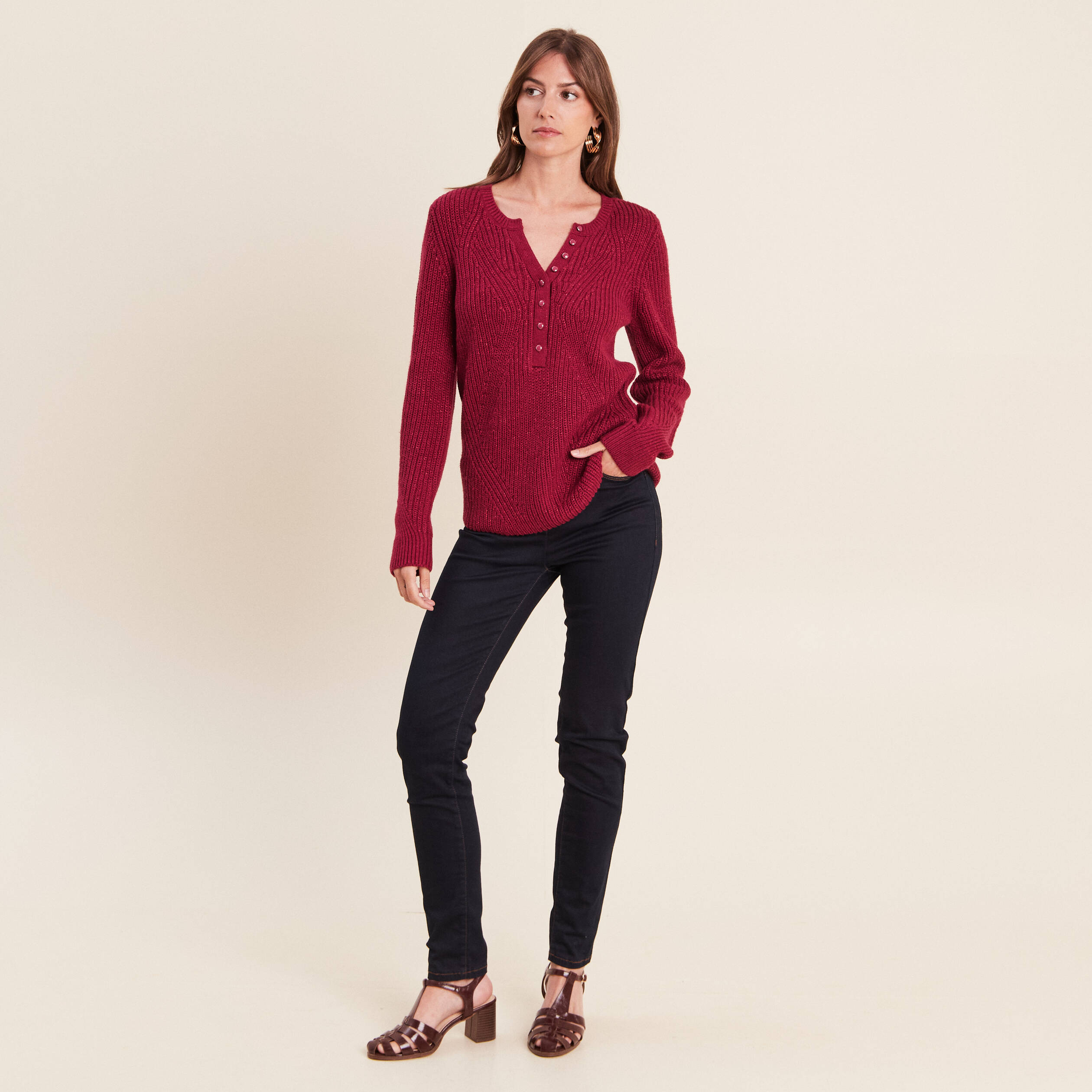 Pull manches longues rouge fonc&eacute; femme
