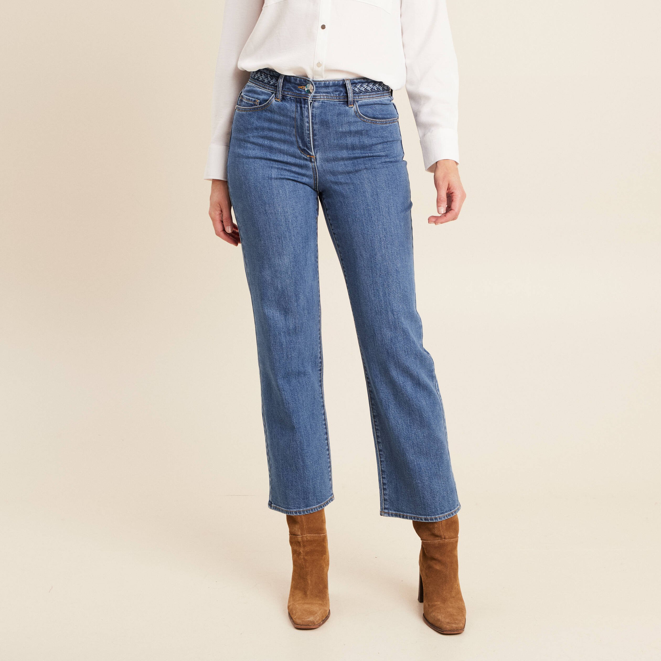 Jean large 7/8ème taille haute denim stone femme