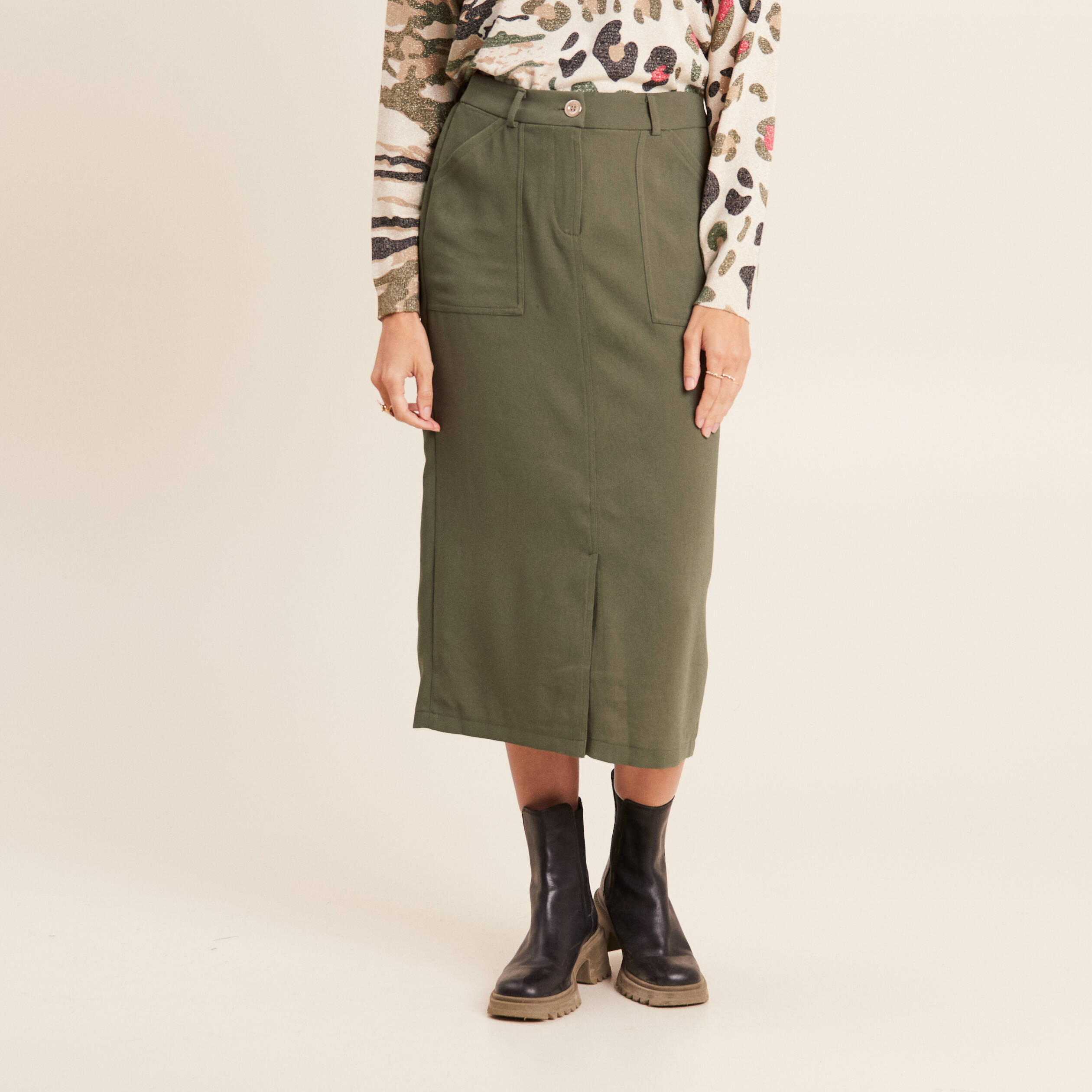Jupe longue droite vert kaki femme