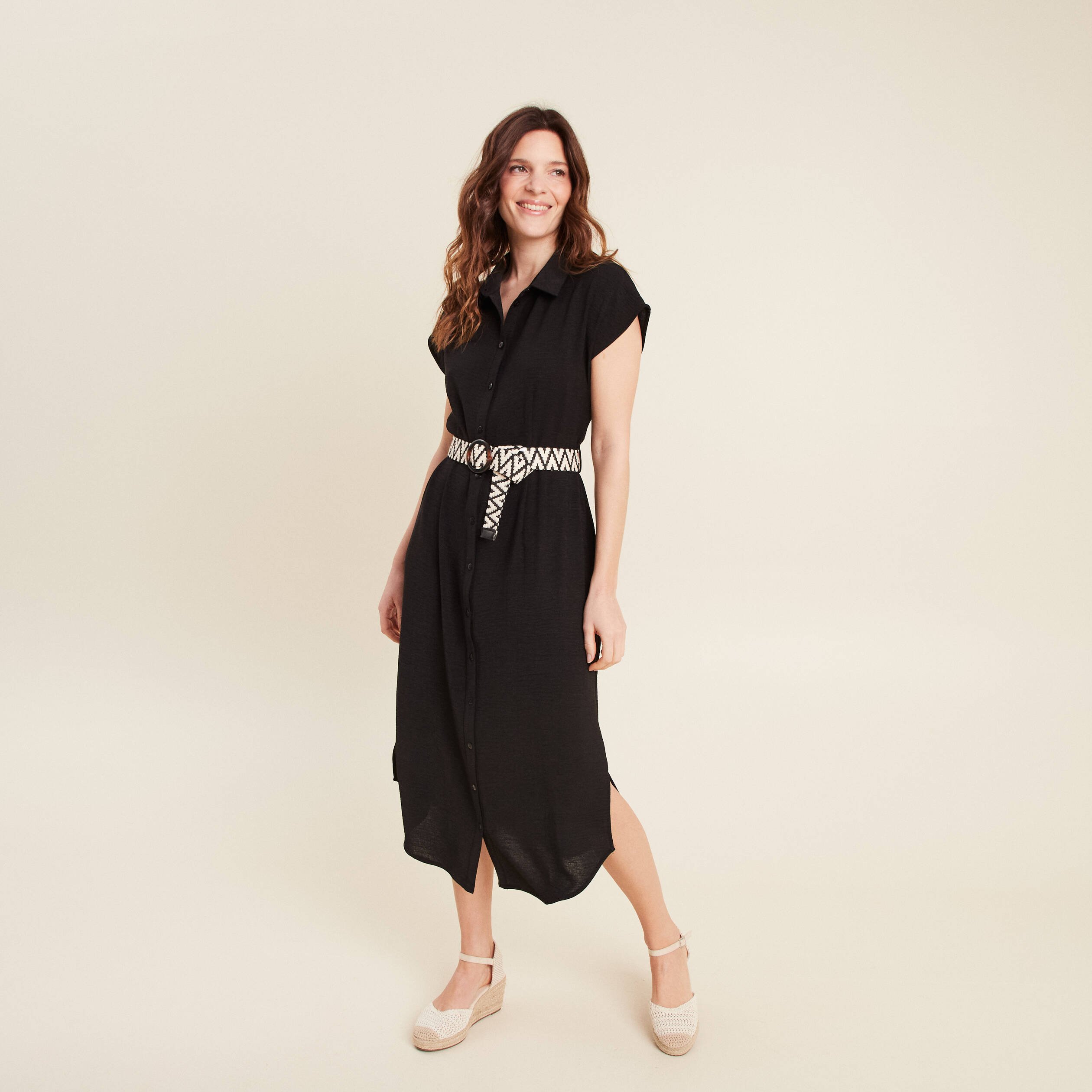 Robe chemise droite ceinturée noir femme