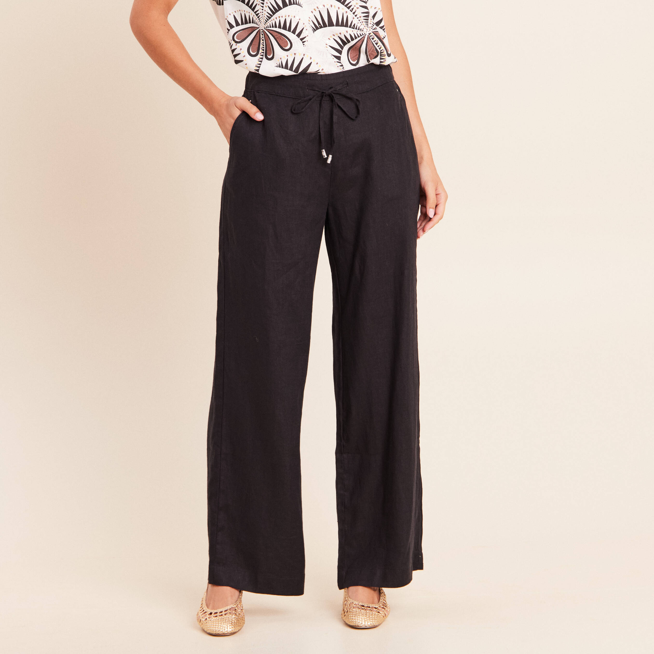 Pantalon large taille haute aspect lin noir femme