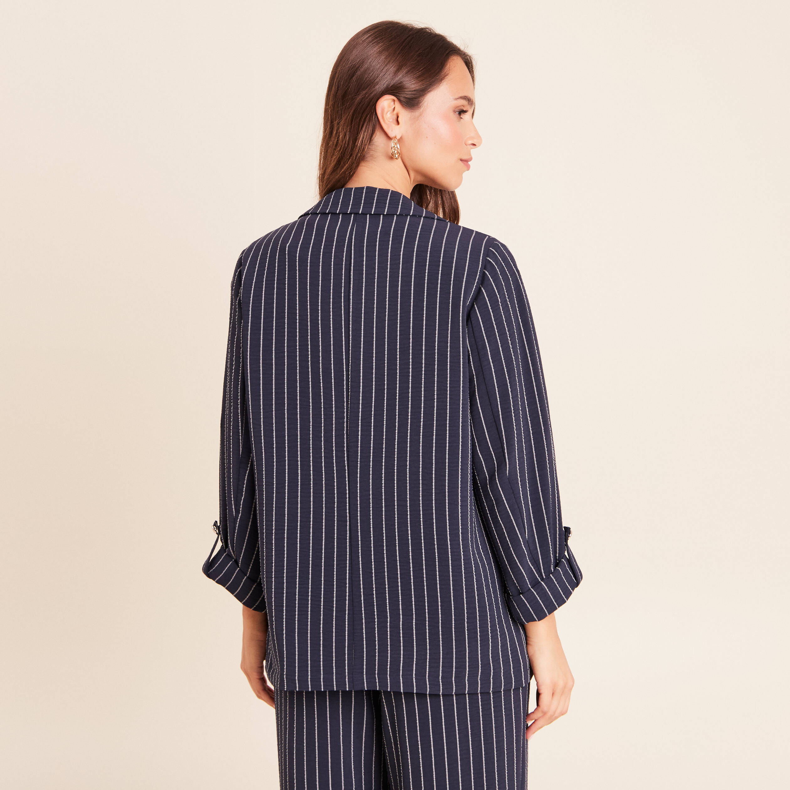 Veste droite longue manches 3/4 doubl&eacute;e bleu fonc&eacute; femme