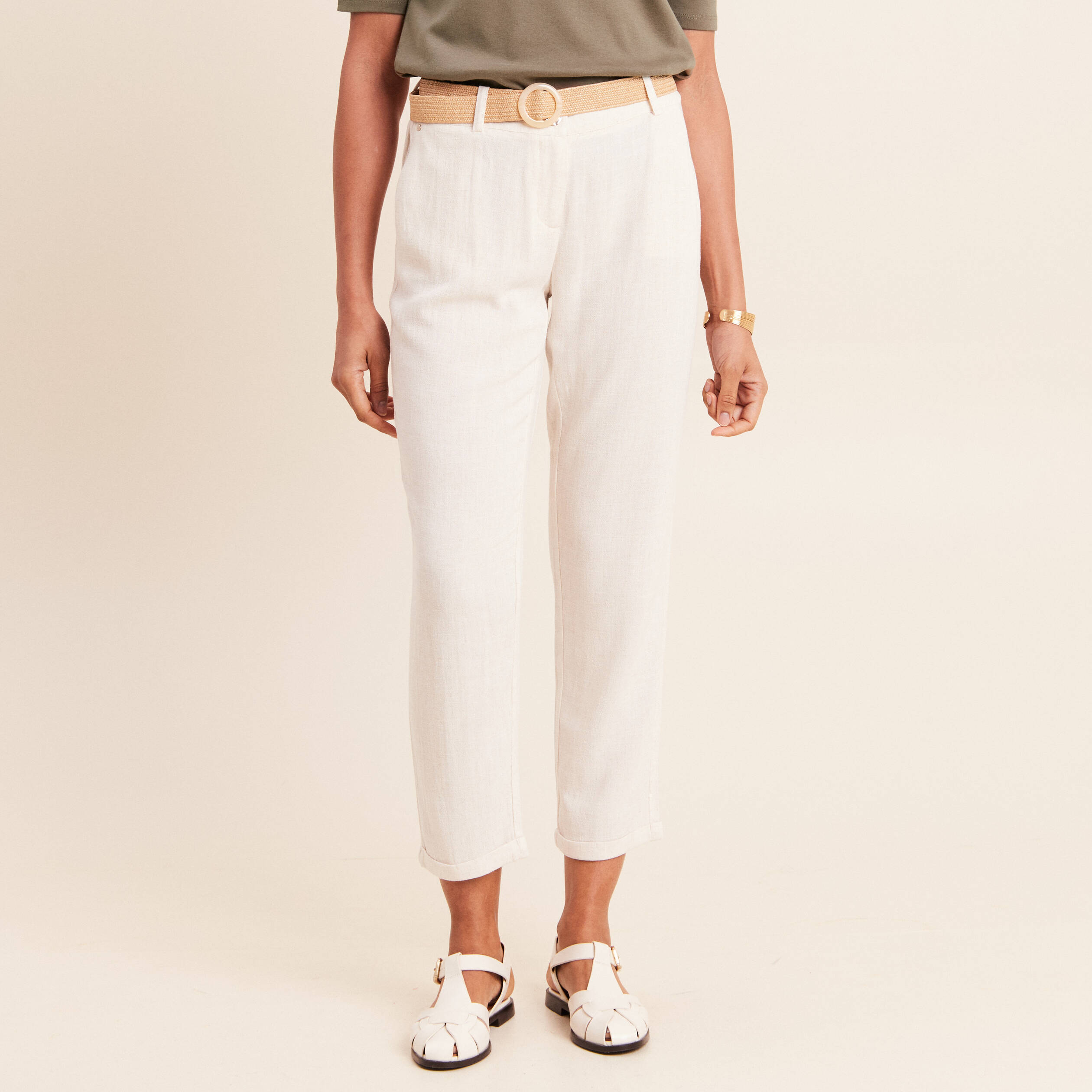 Pantalon large 7/8&egrave;me taille bascul&eacute;e beige femme
