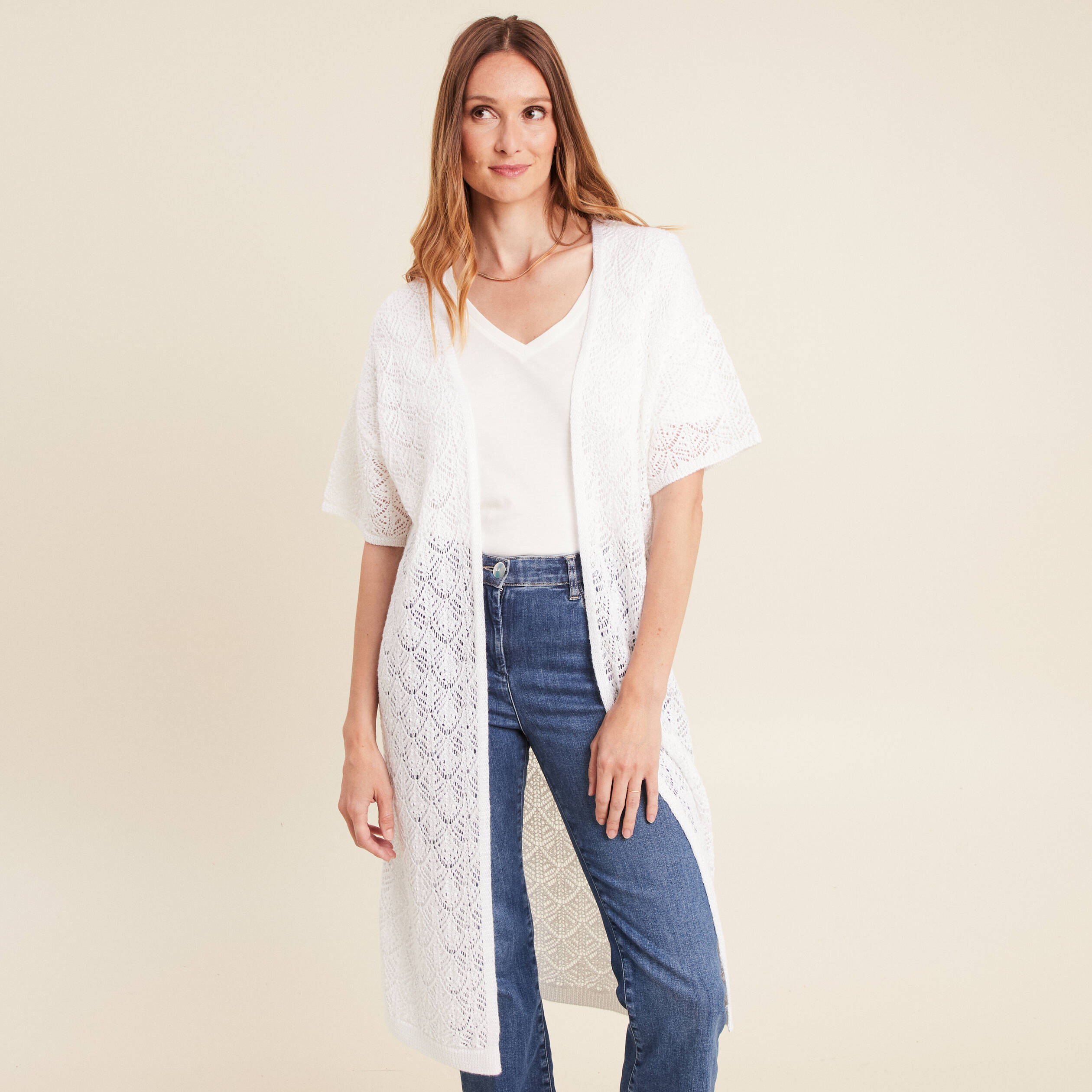 Blanc Gilet Femme Leger Gilet Long Manches Courtes Blanc Femme Bréal