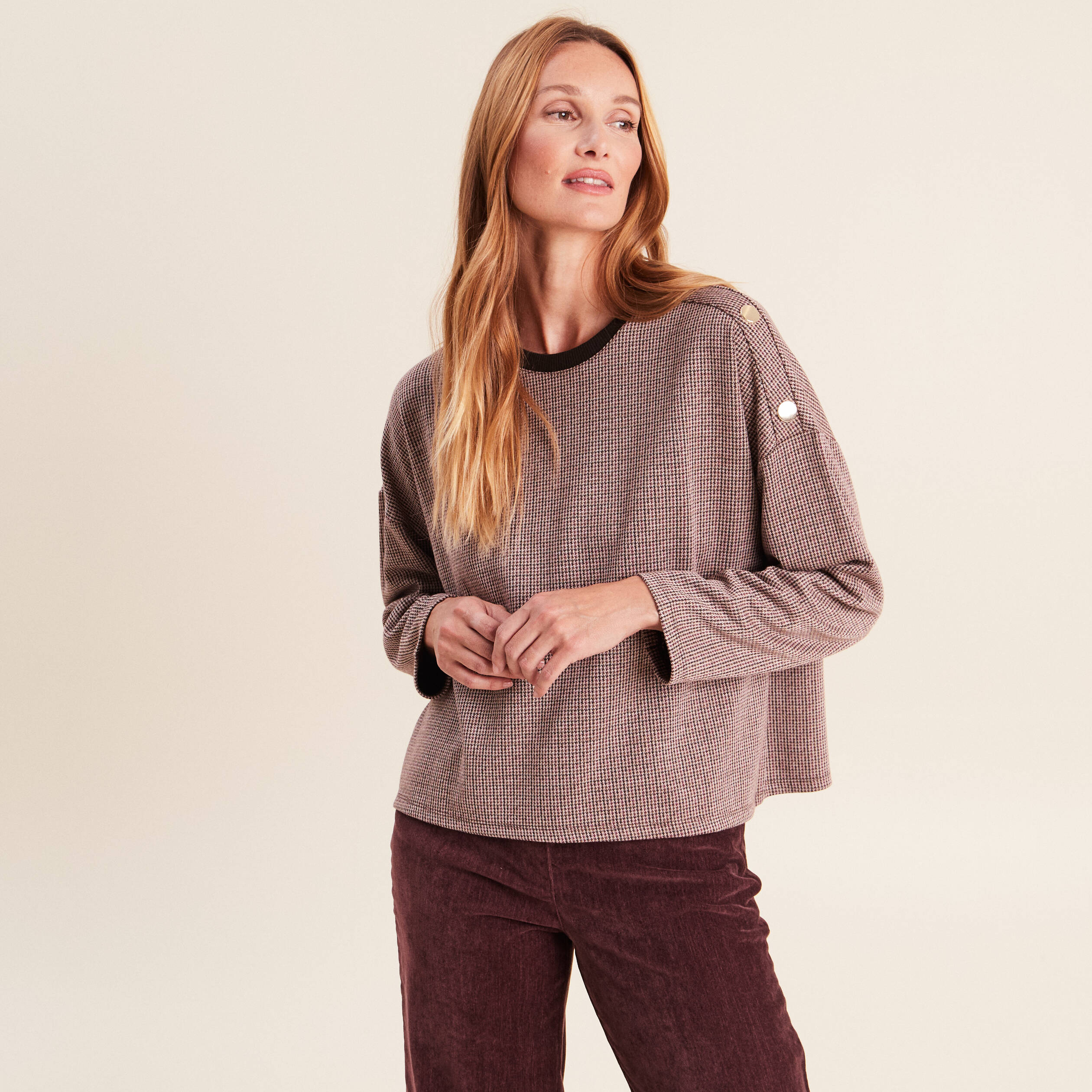 T-shirt ample jacquard manches longues multicolore femme