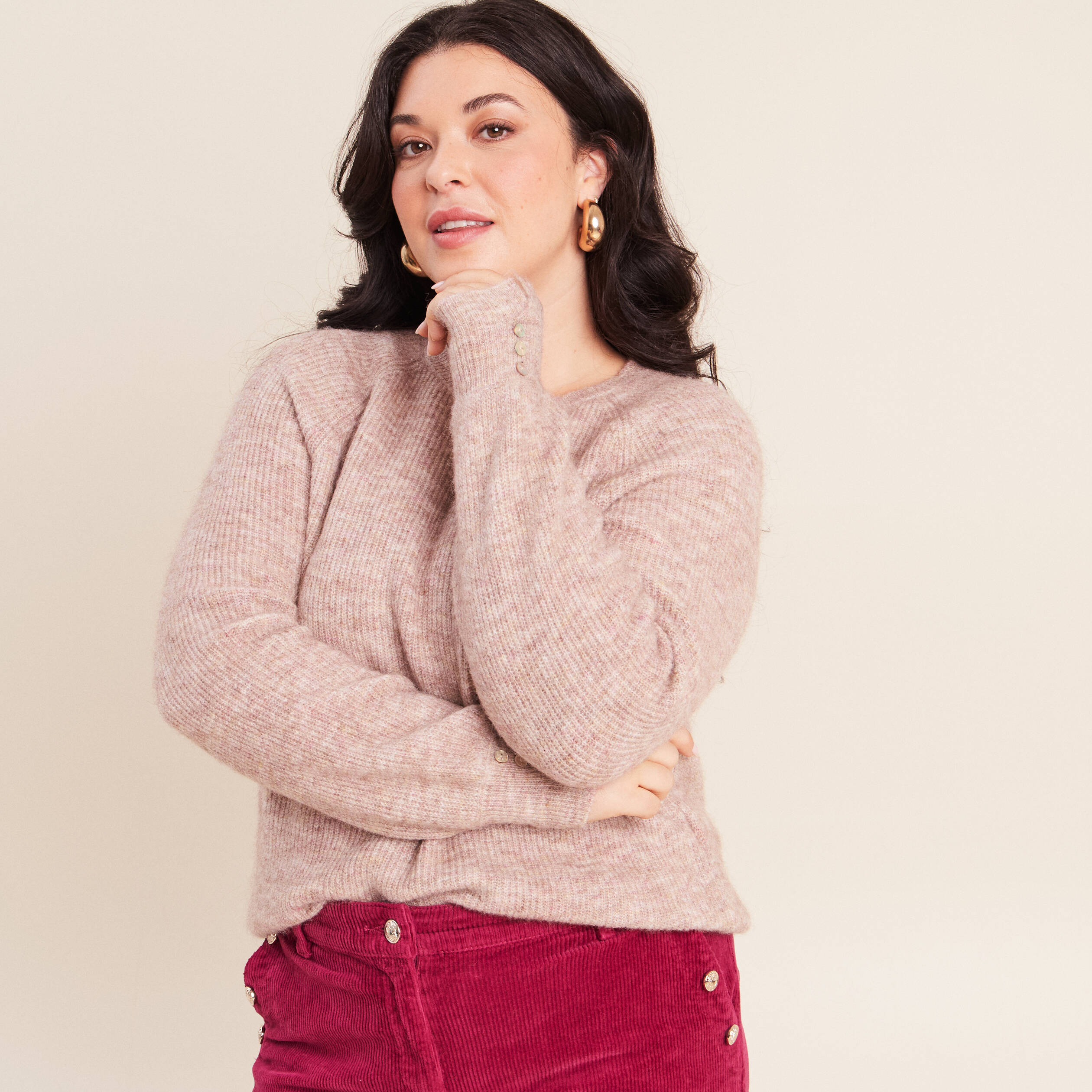 Pull col rond beige femme