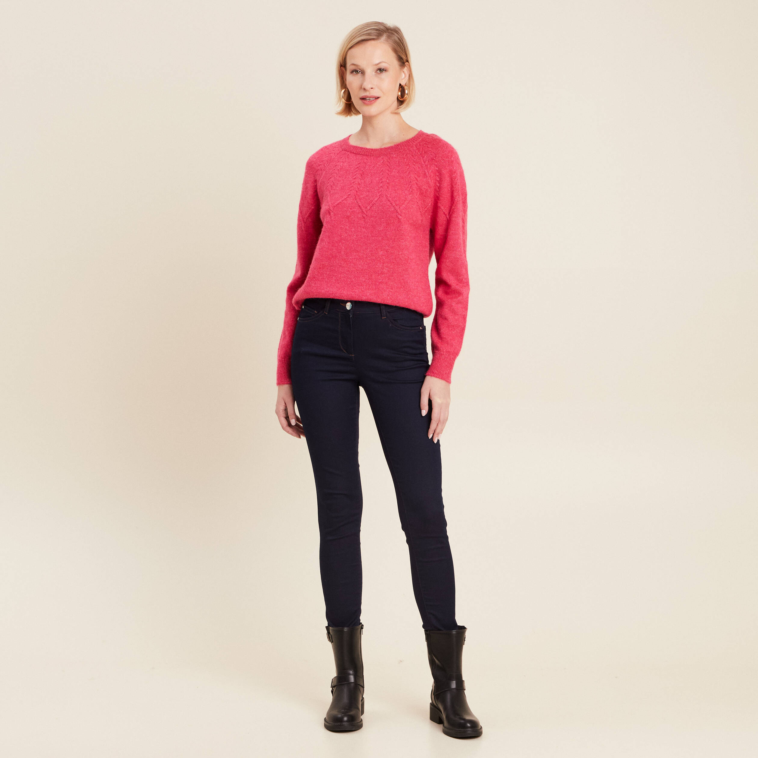 Pull manches longues rose framboise femme