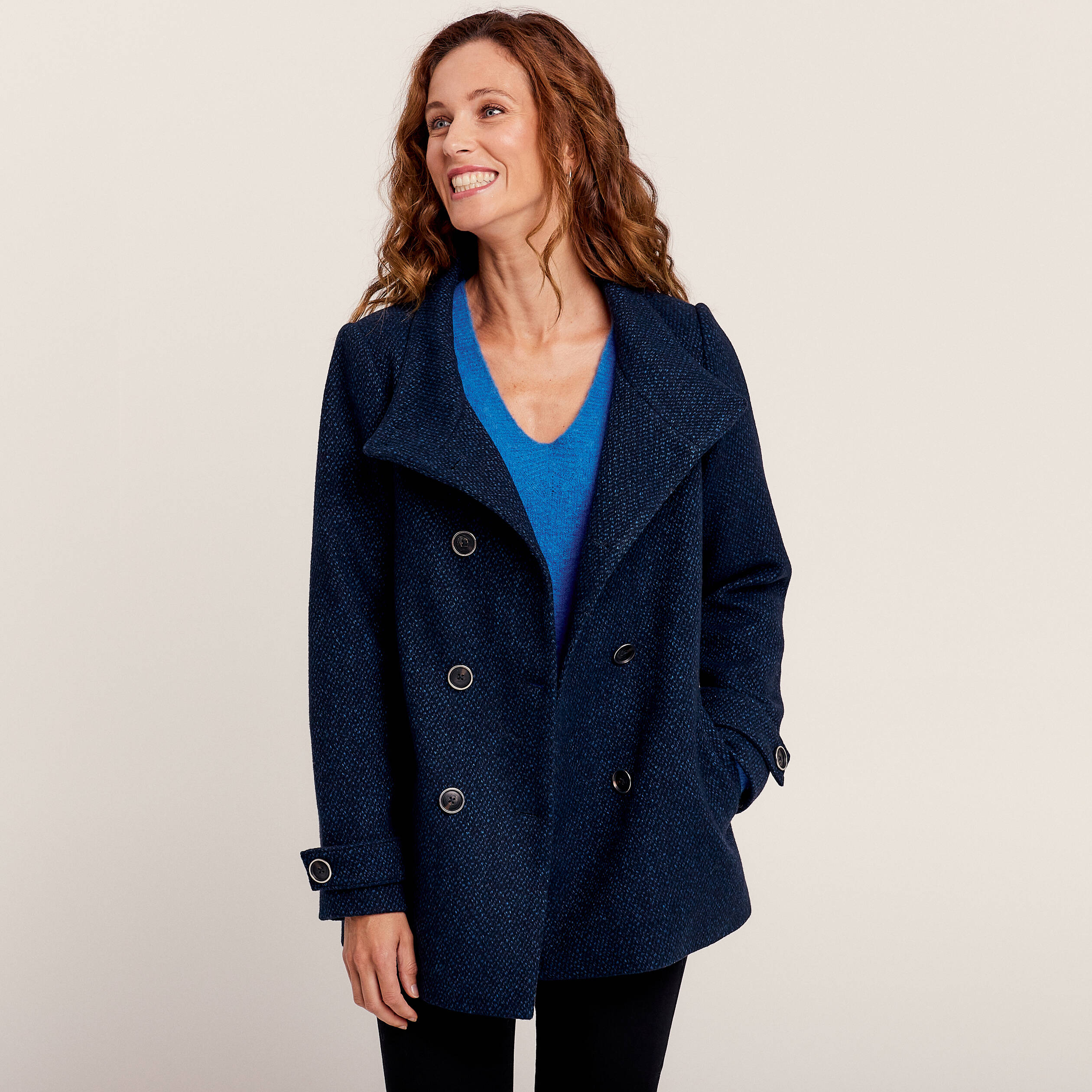 Caban droit boutonné bleu foncé femme
