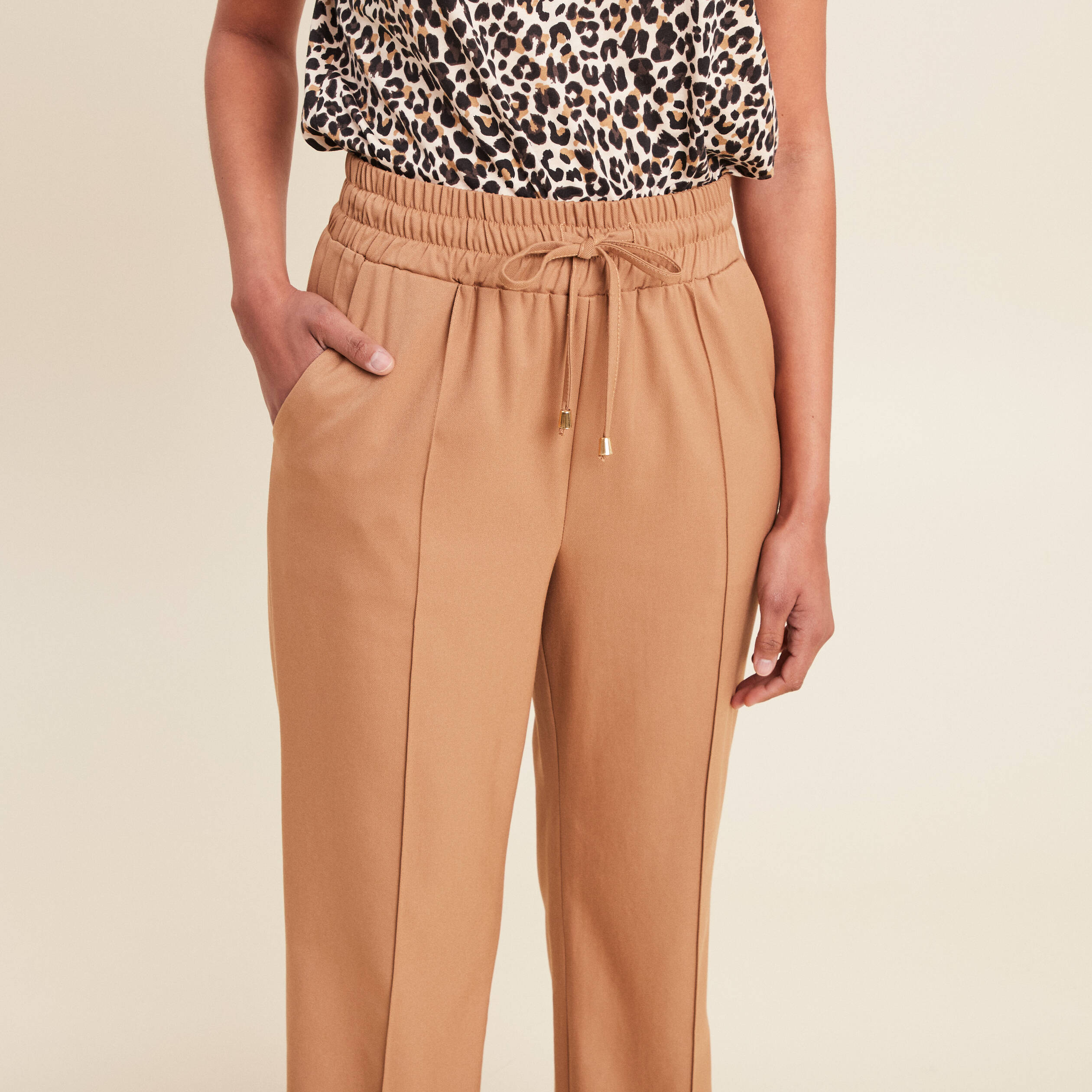 Pantalon droit taille haute camel femme