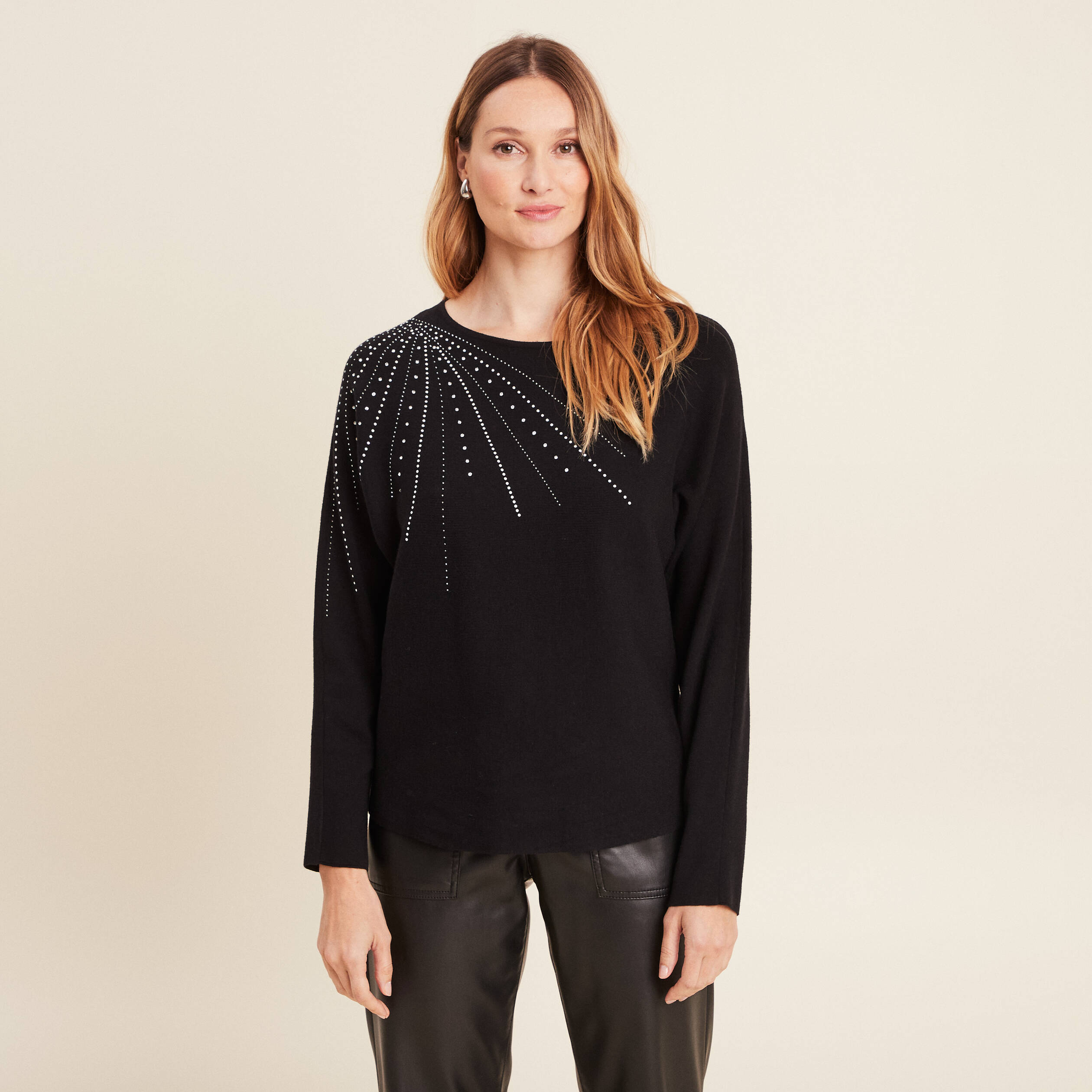 Pull manches longues strass noir femme Bréal