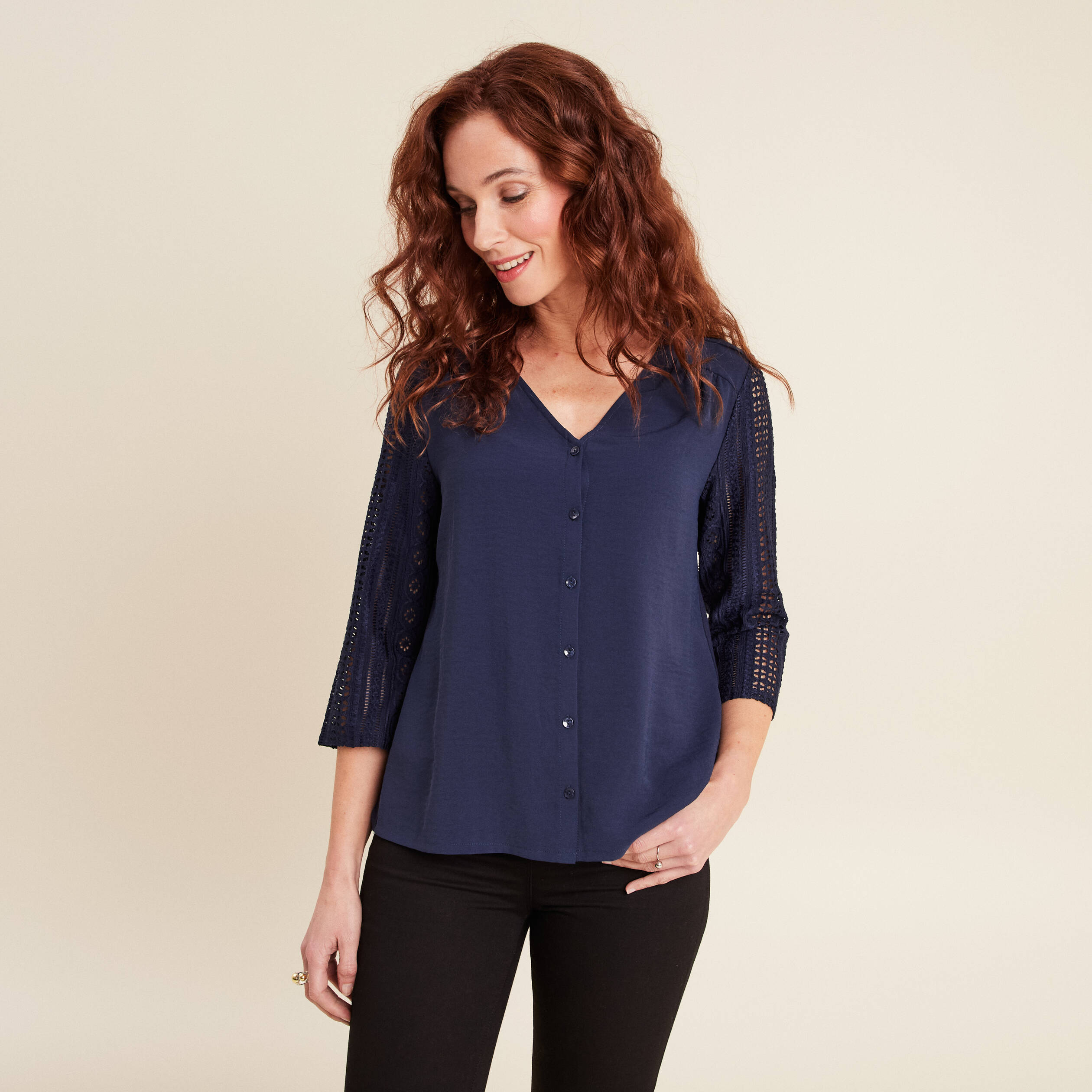 Blouse manches 3/4 bleu marine femme