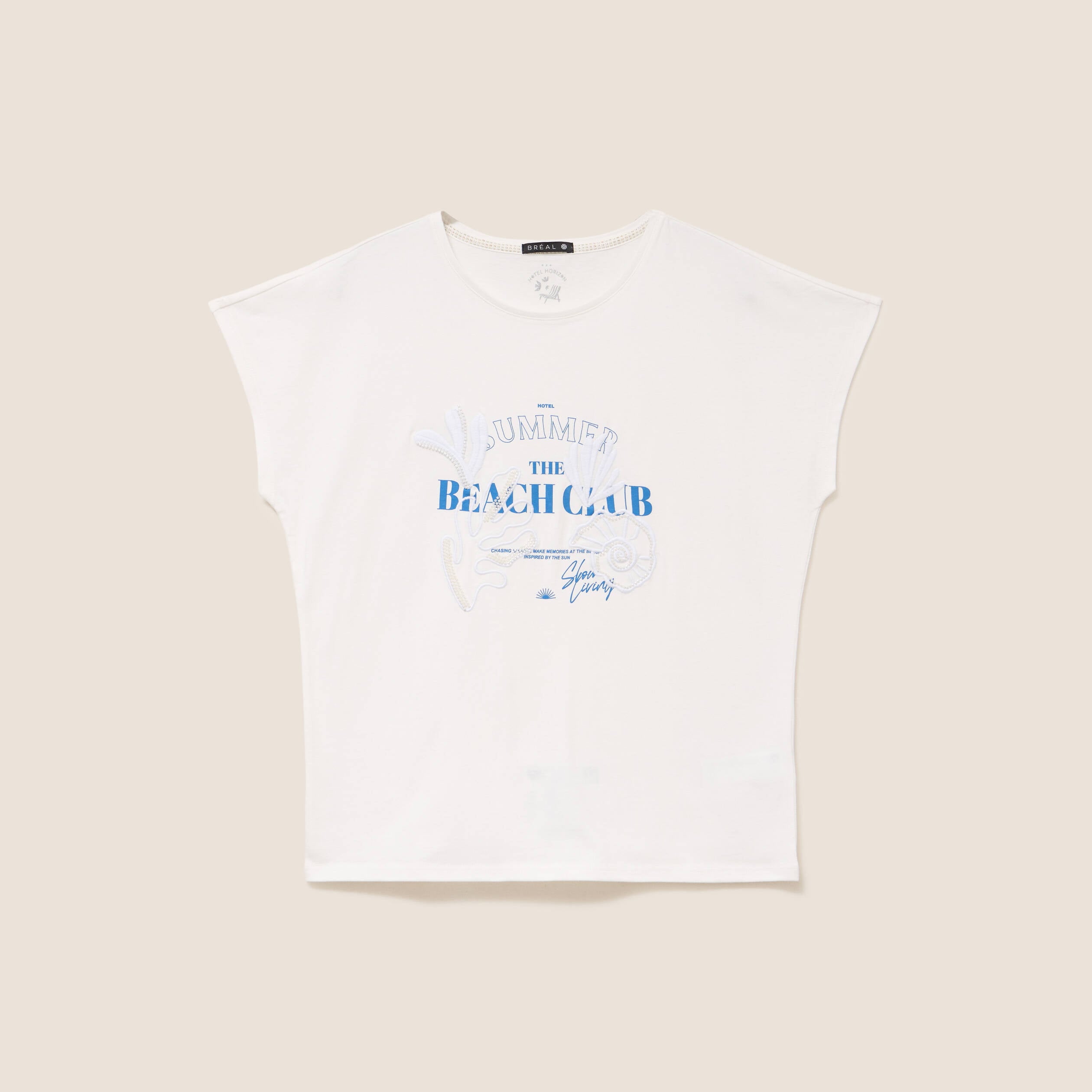 T-shirt col rond manches courtes brod&eacute; ecru femme