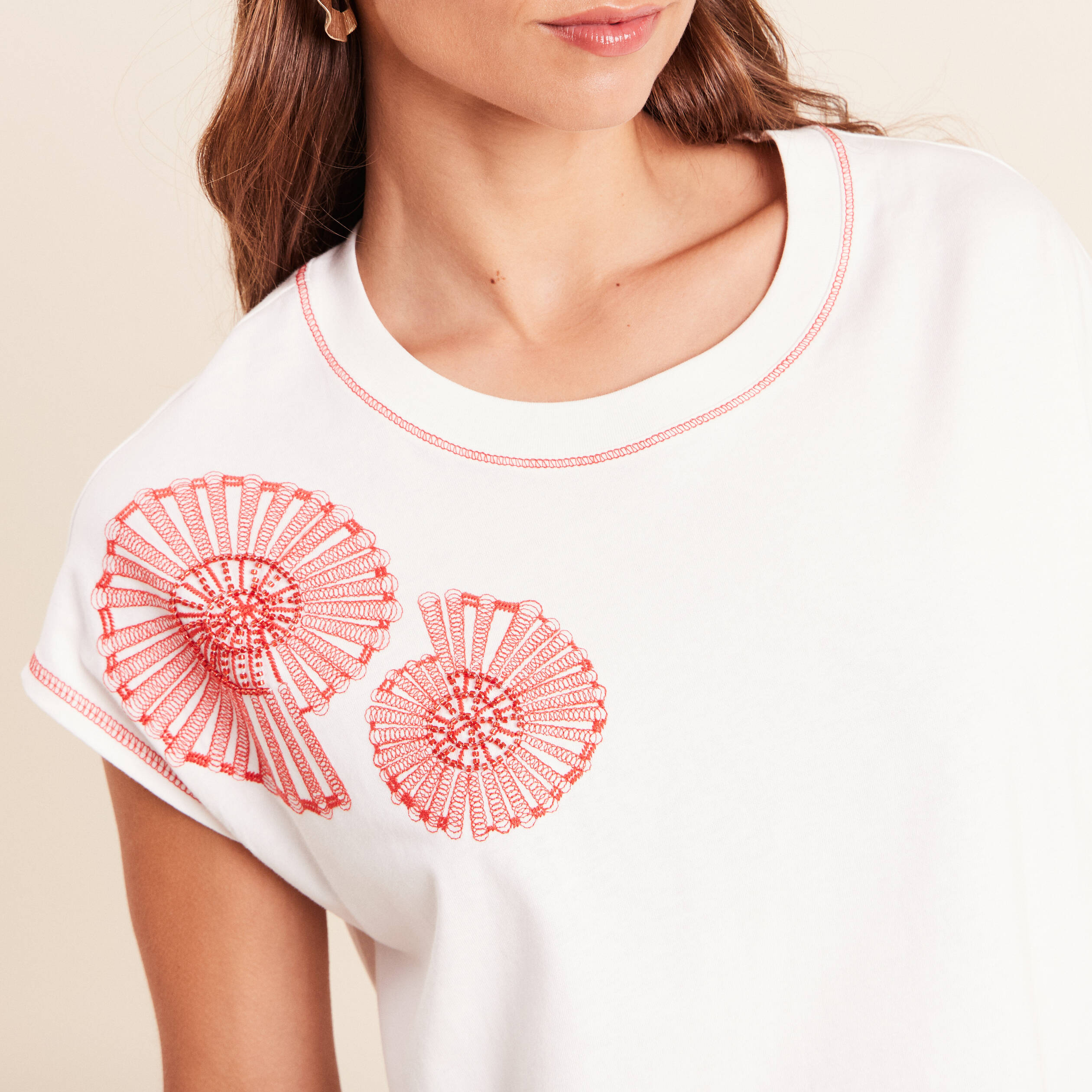 T-shirt col rond manches courtes ecru femme