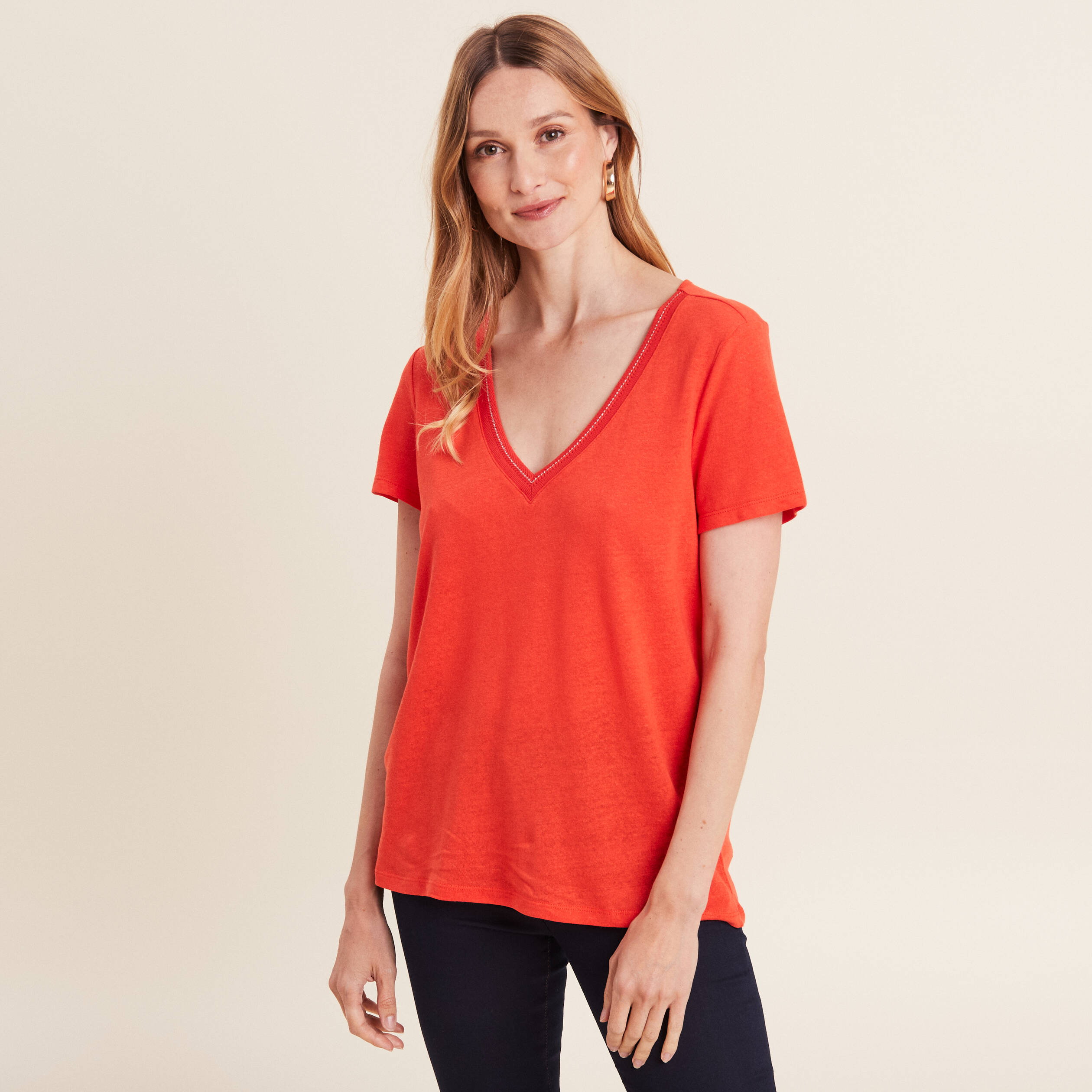 T-shirt manches courtes col en V orange femme