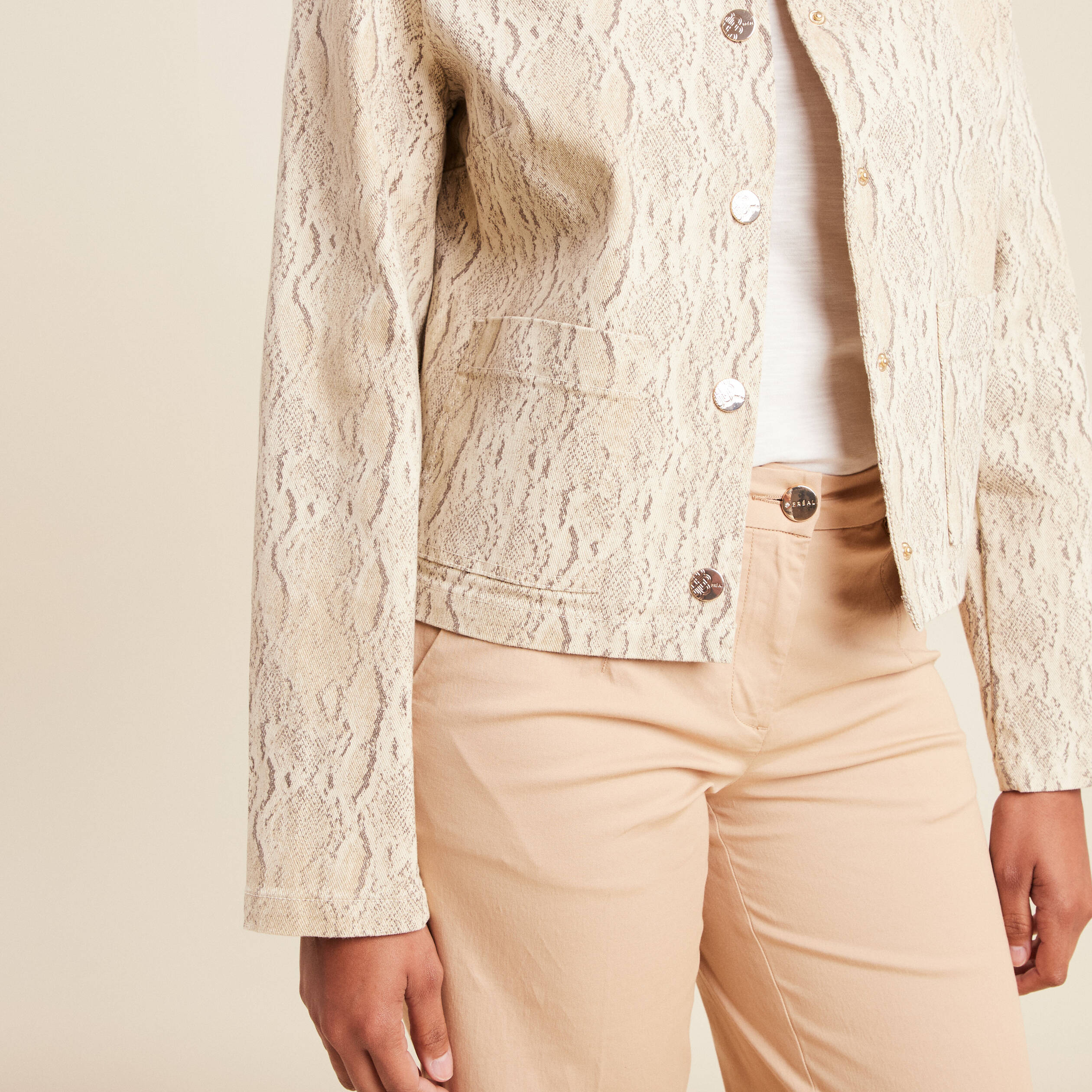 veste sans col beige femme