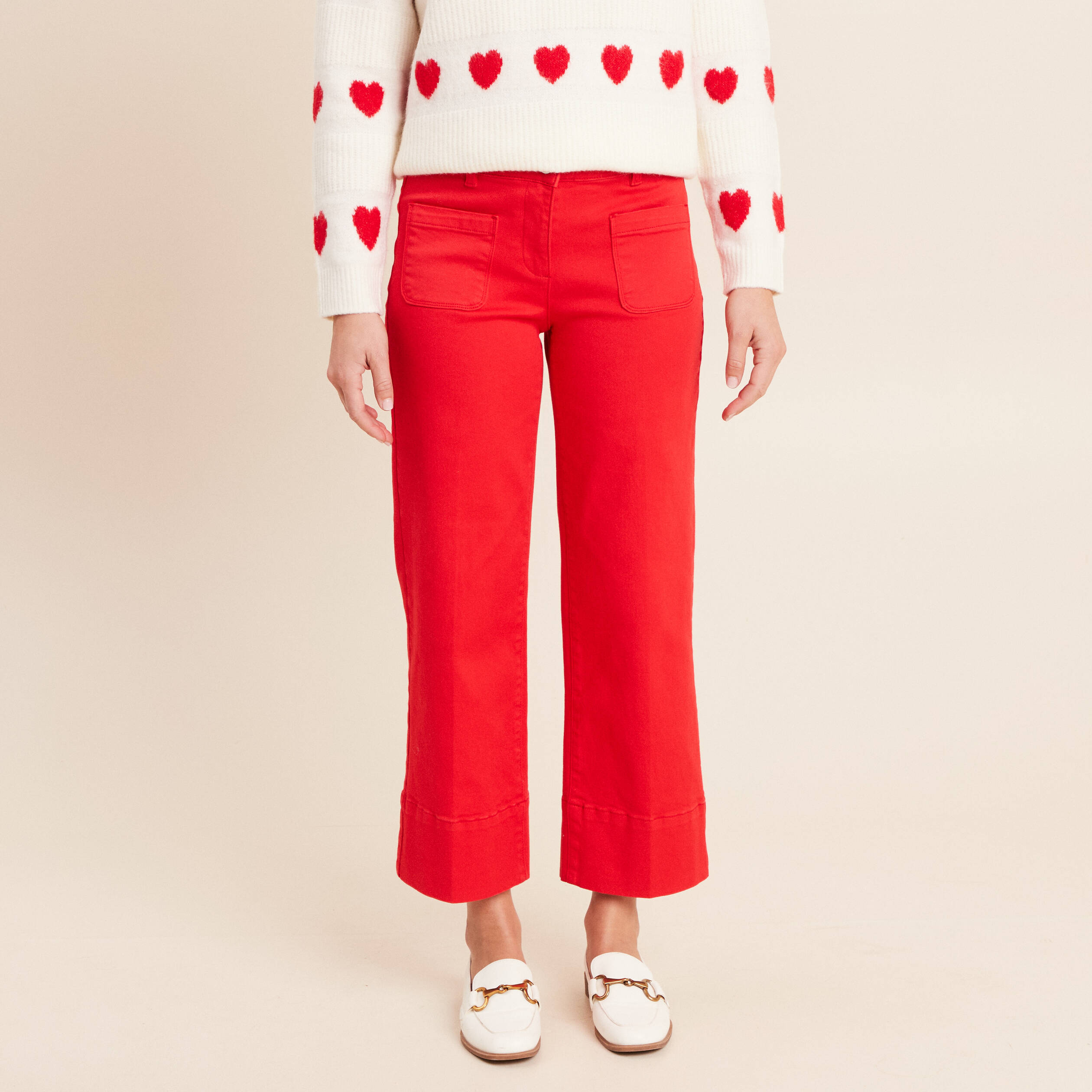 Pantalon droit 7/8&egrave;me taille standard rouge fluo femme
