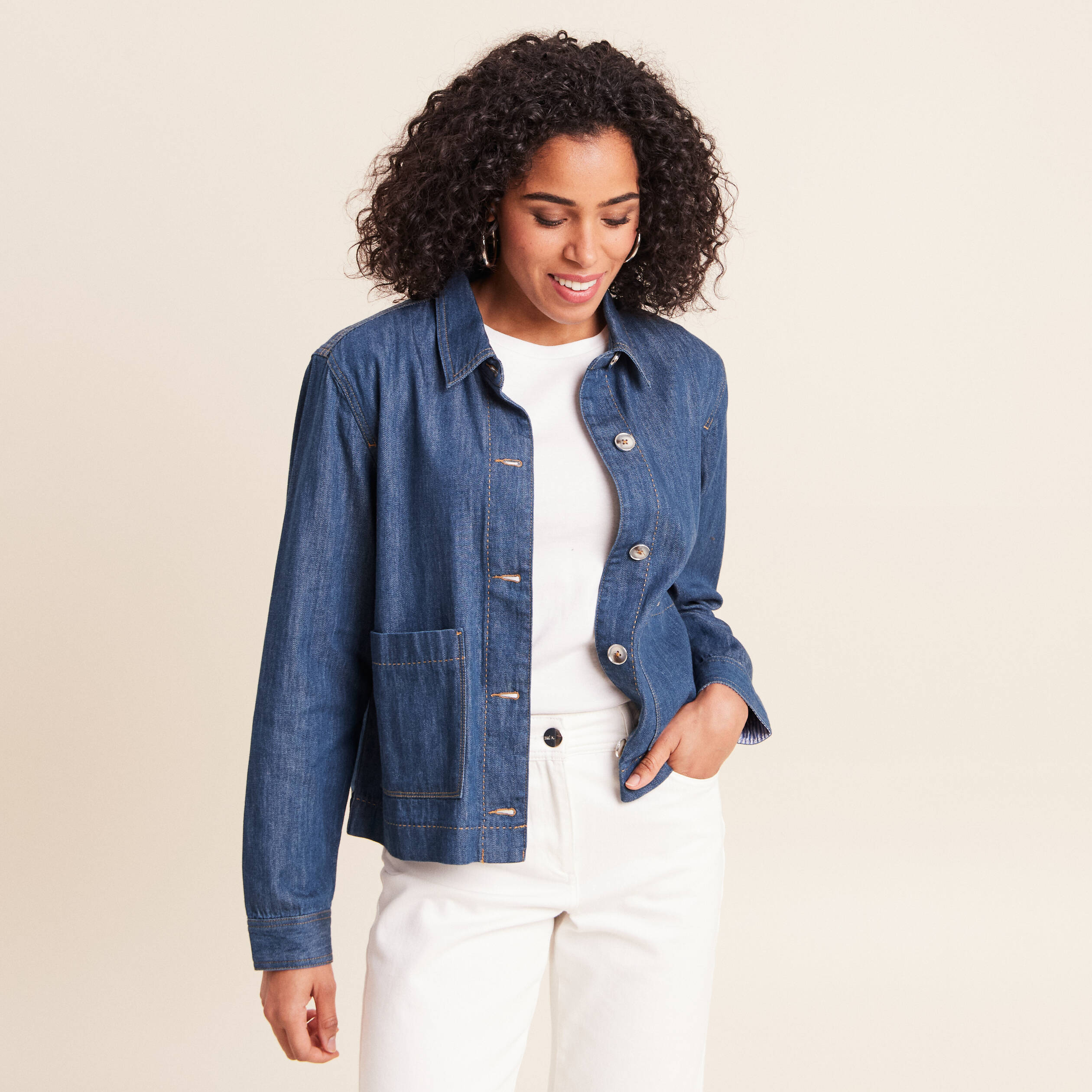 Veste courte droite manches longues denim stone femme