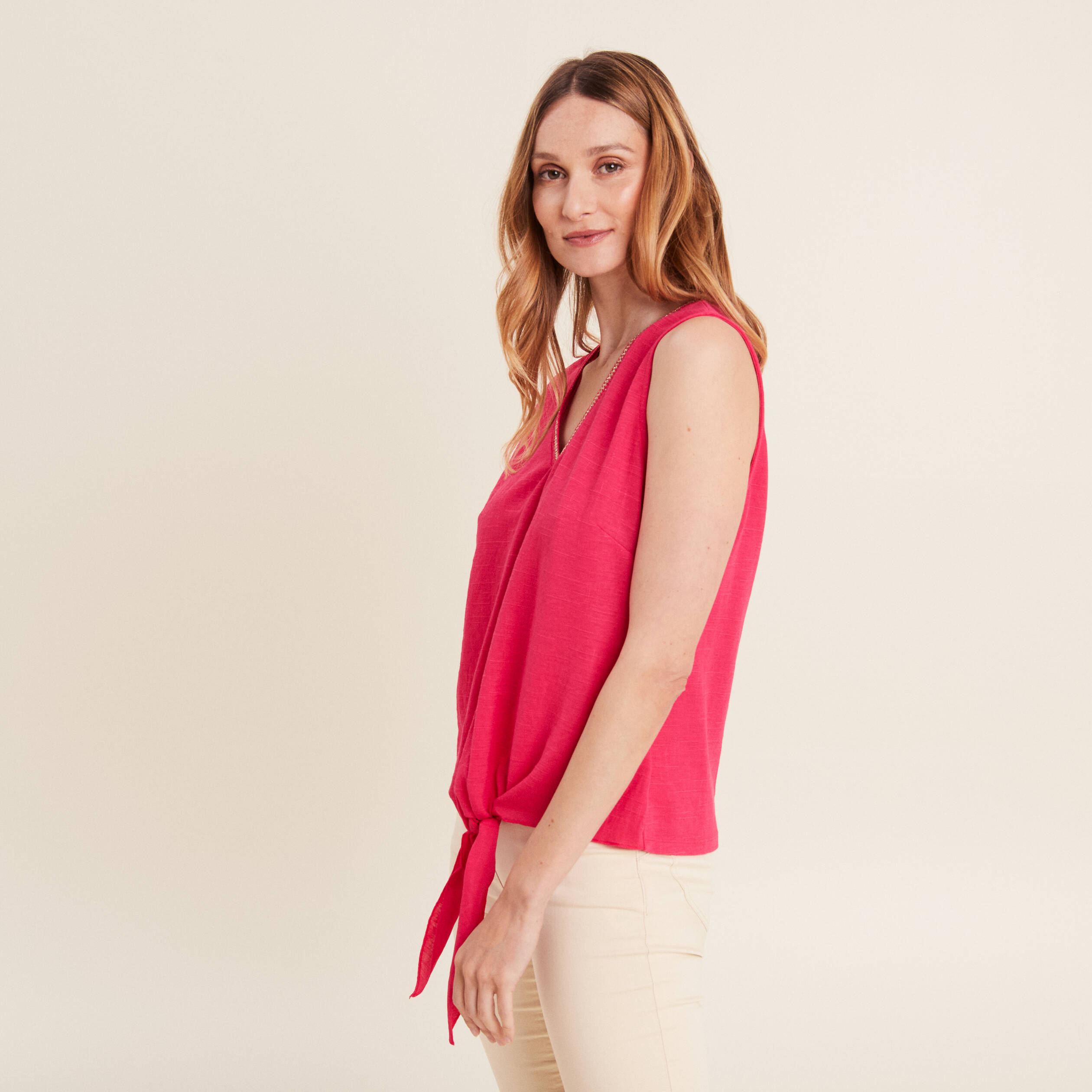 Débardeur sans manches noué rose framboise femme