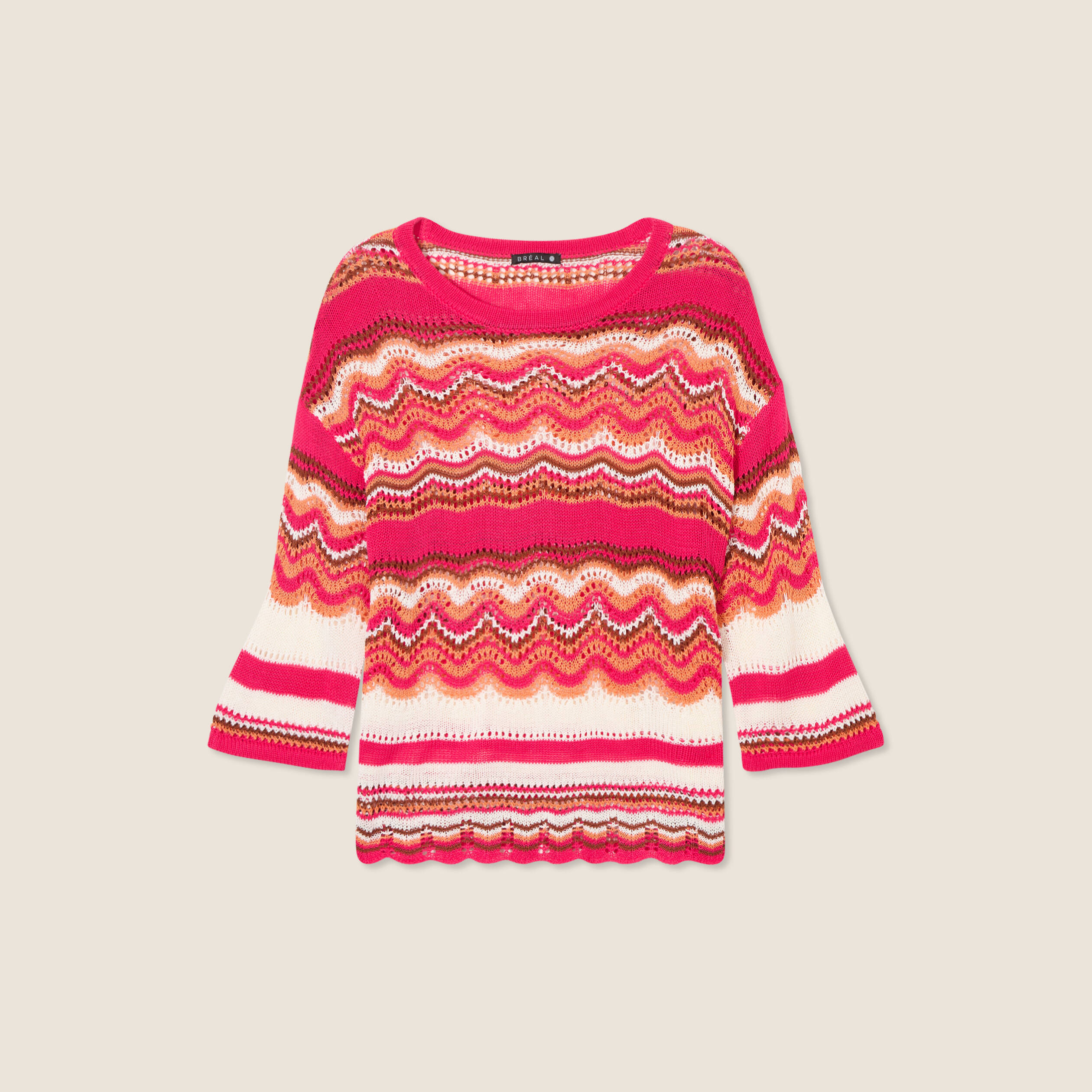 Pull manches 3/4 ajouré rose fushia femme