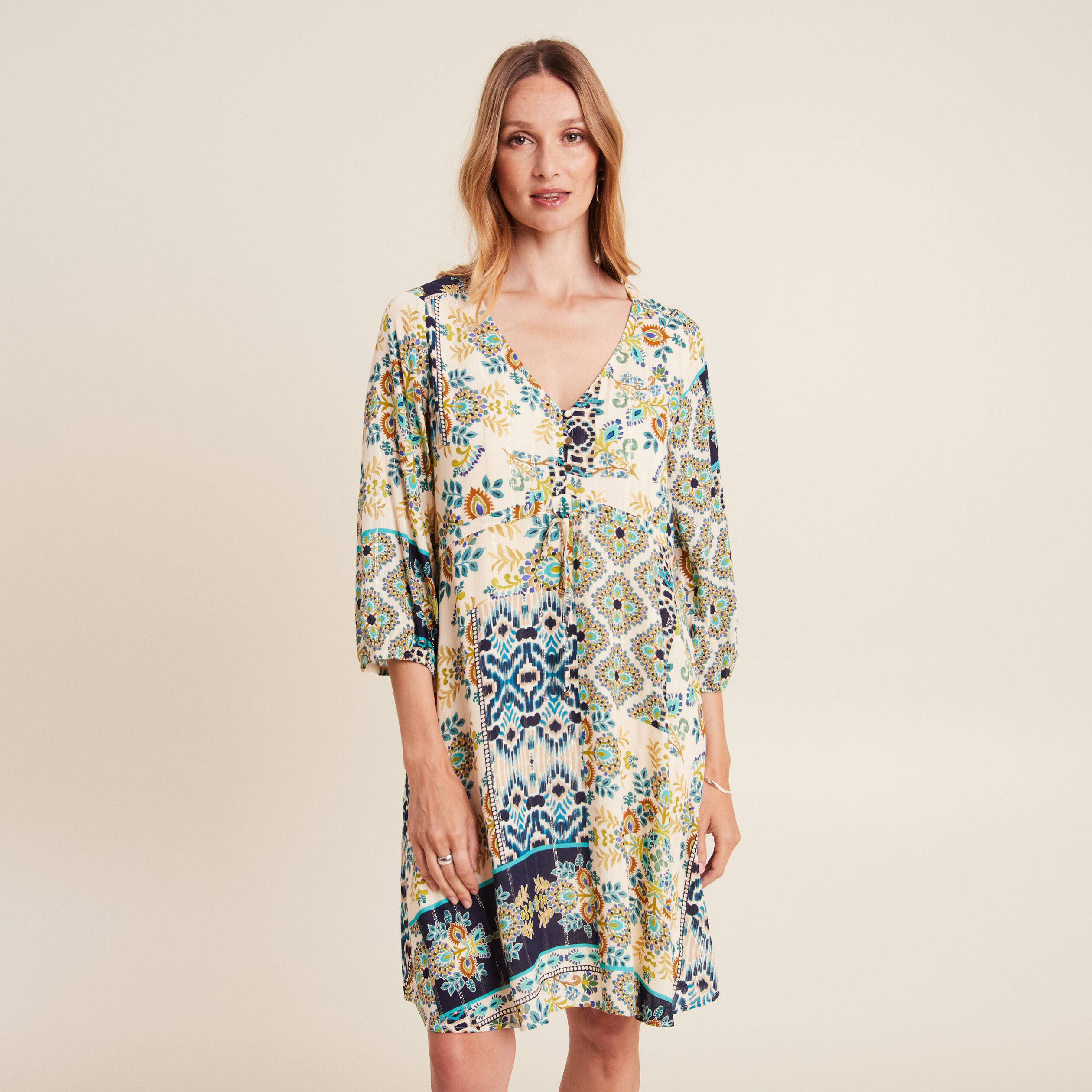 Robe évasée fluide manches 3/4 bleu femme