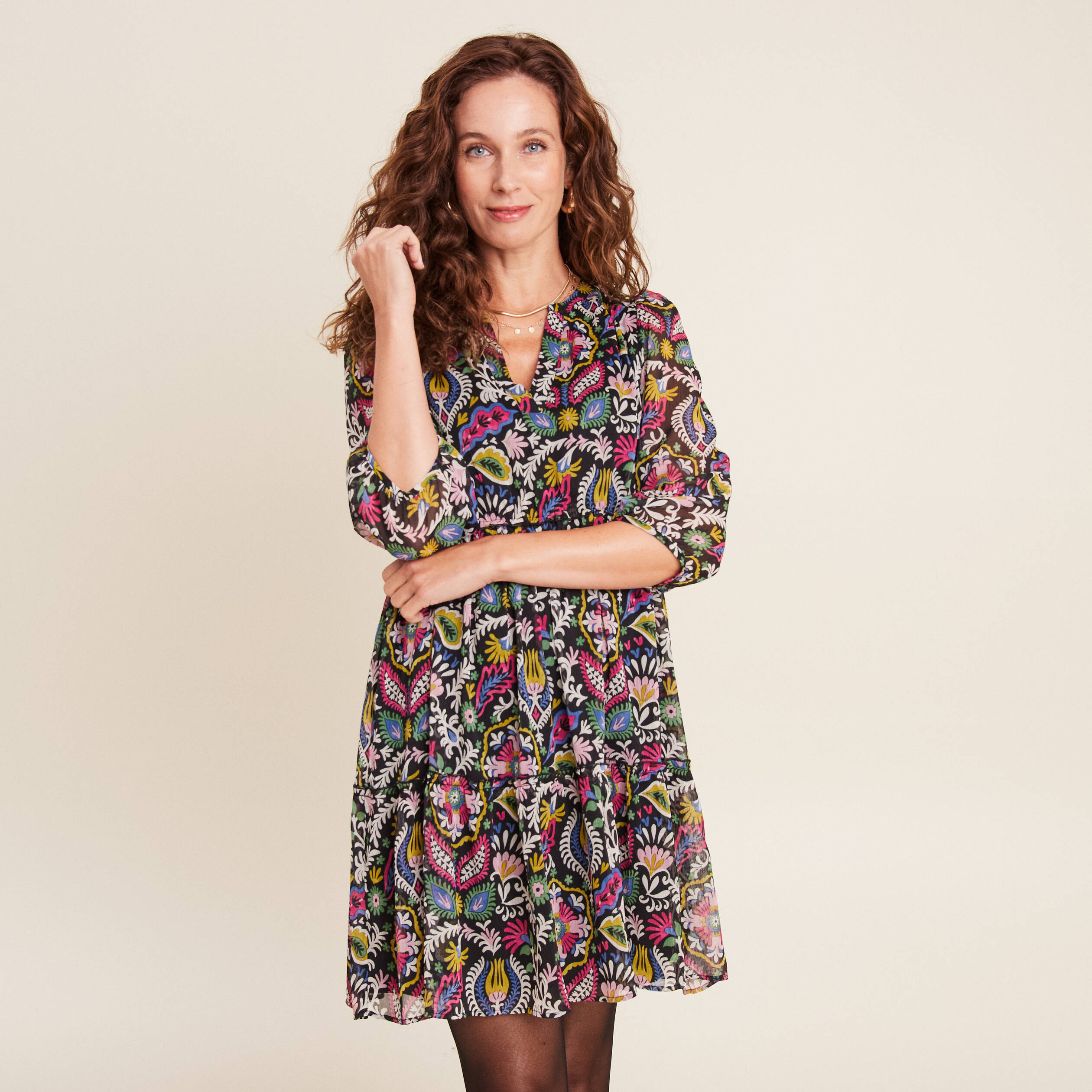 Robe évasée manches 3/4 noir femme