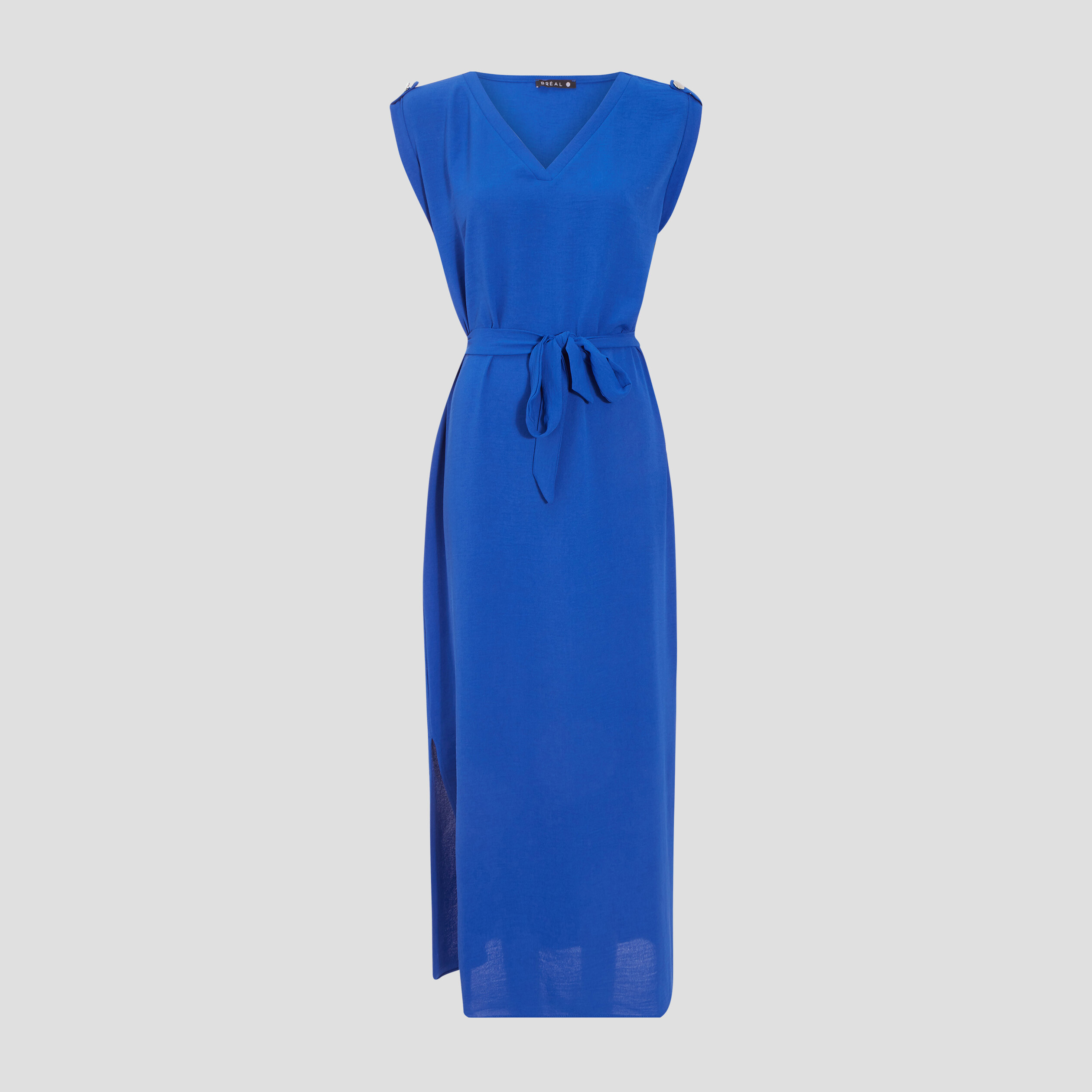Robe longue droite ceinturée bleu electrique femme