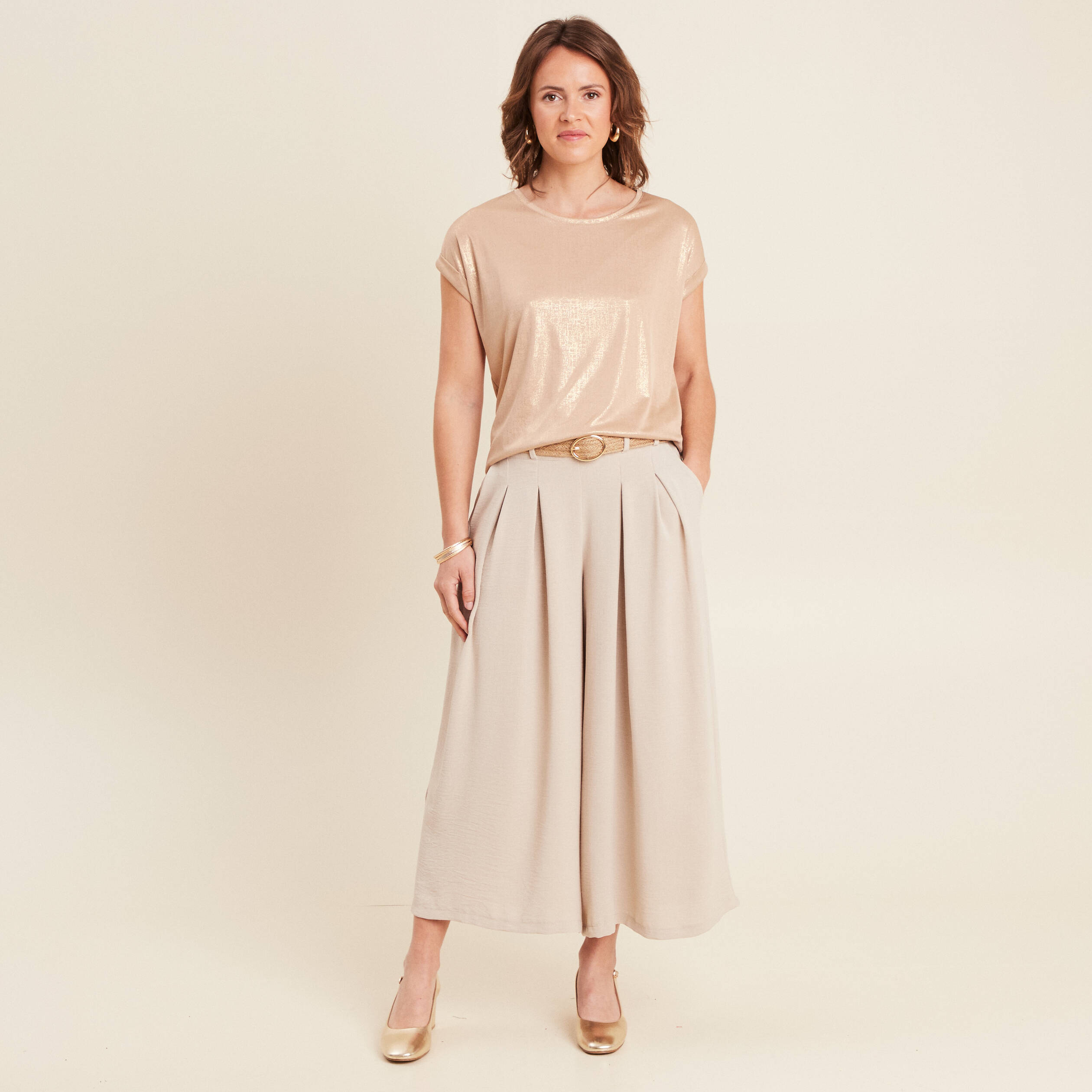 Pantalon jupe-culotte large gris clair femme