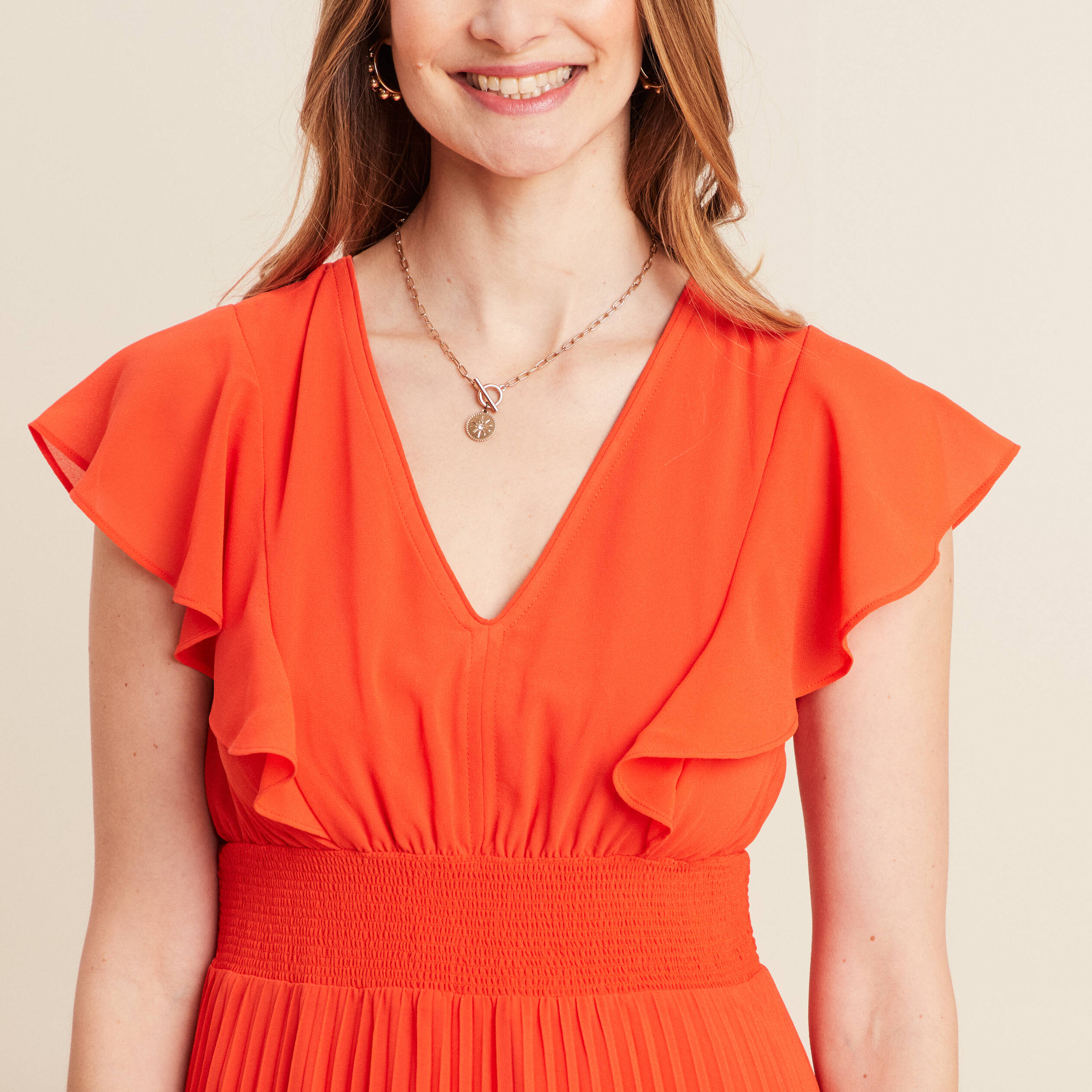 Robe longue évasée à volants orange foncé femme