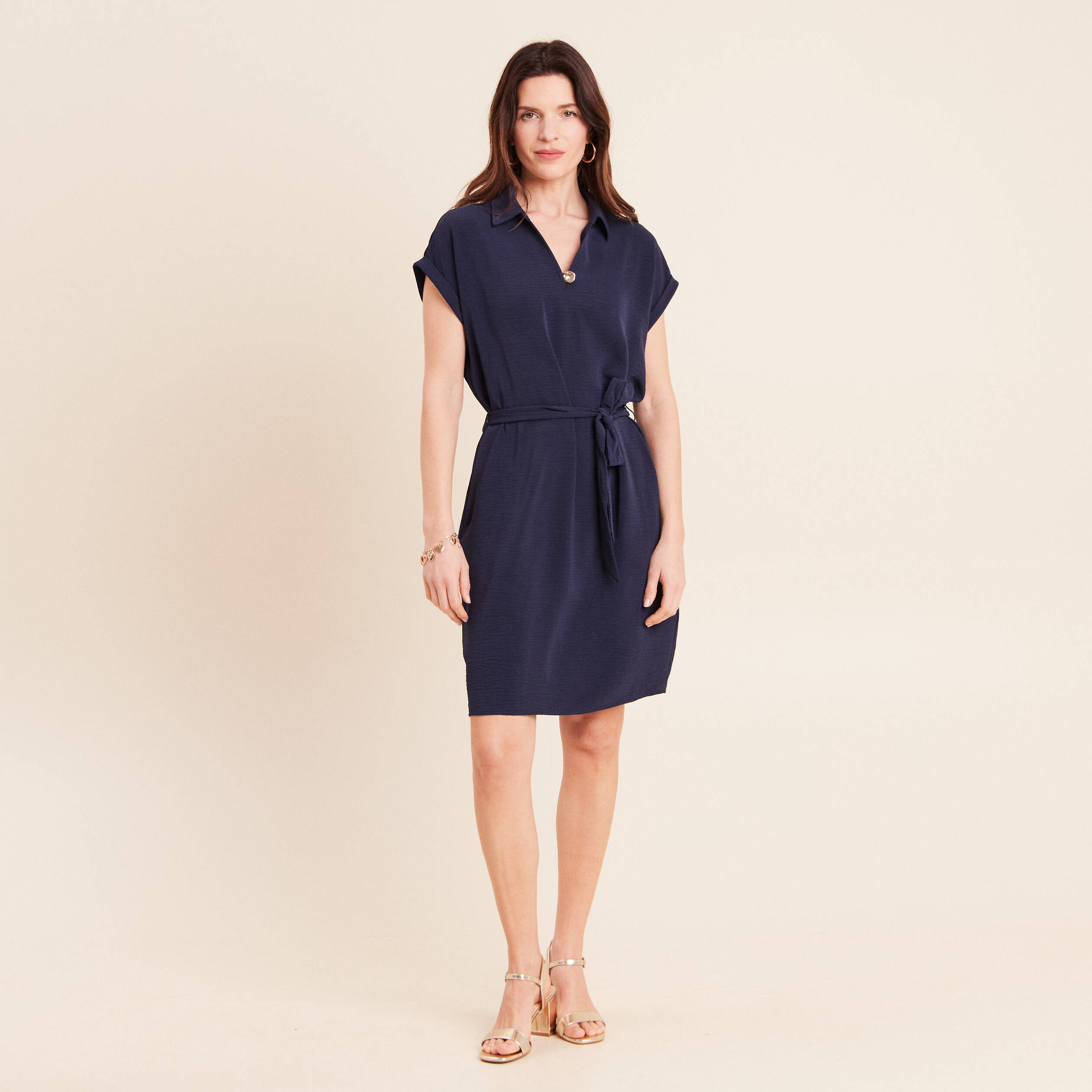 Robe droite courte manches courtes bleu marine femme