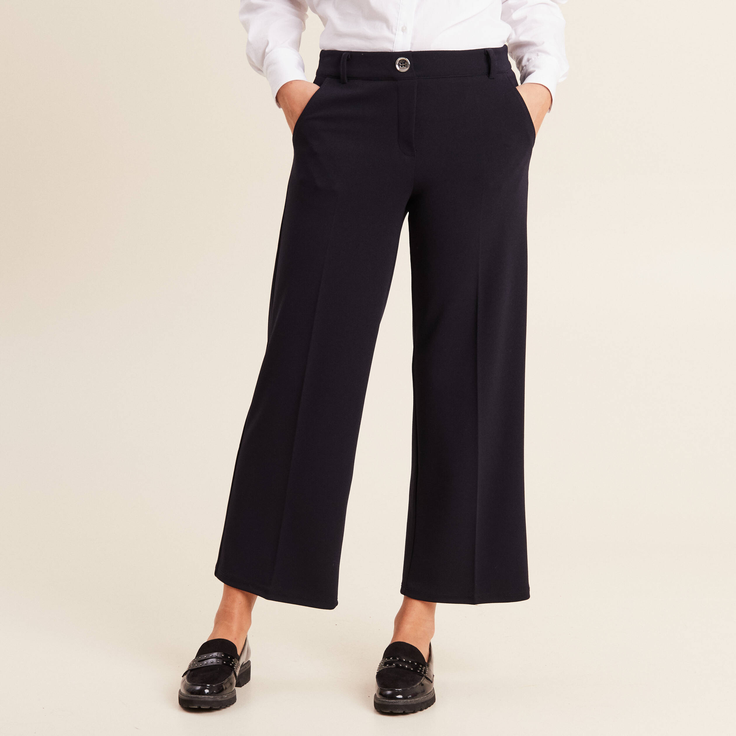 Pantalon coupe large &agrave; pinces bleu fonc&eacute; femme