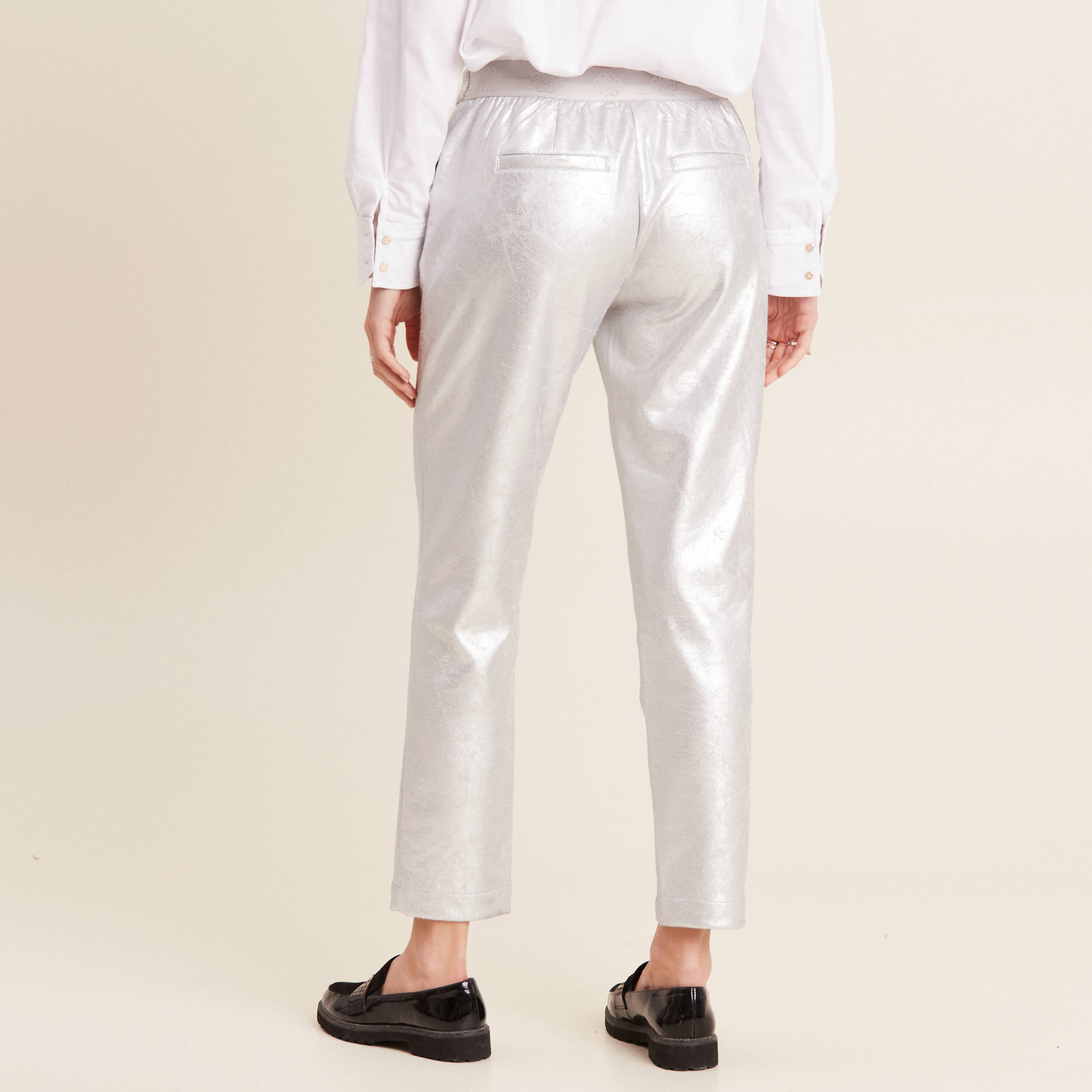 Pantalon jogging métallisé gris argent femme