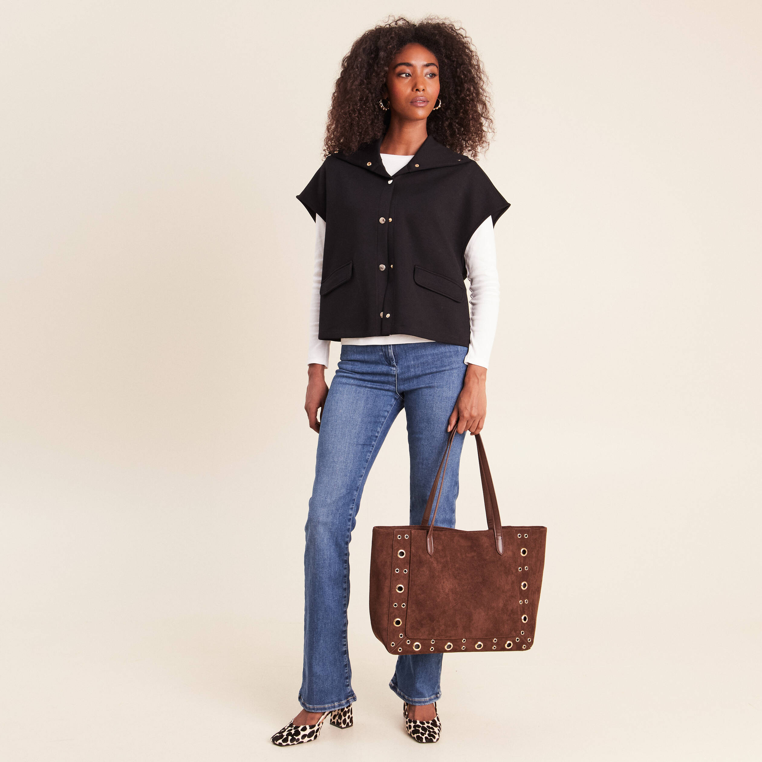 Gilet manches courtes col camionneur noir femme