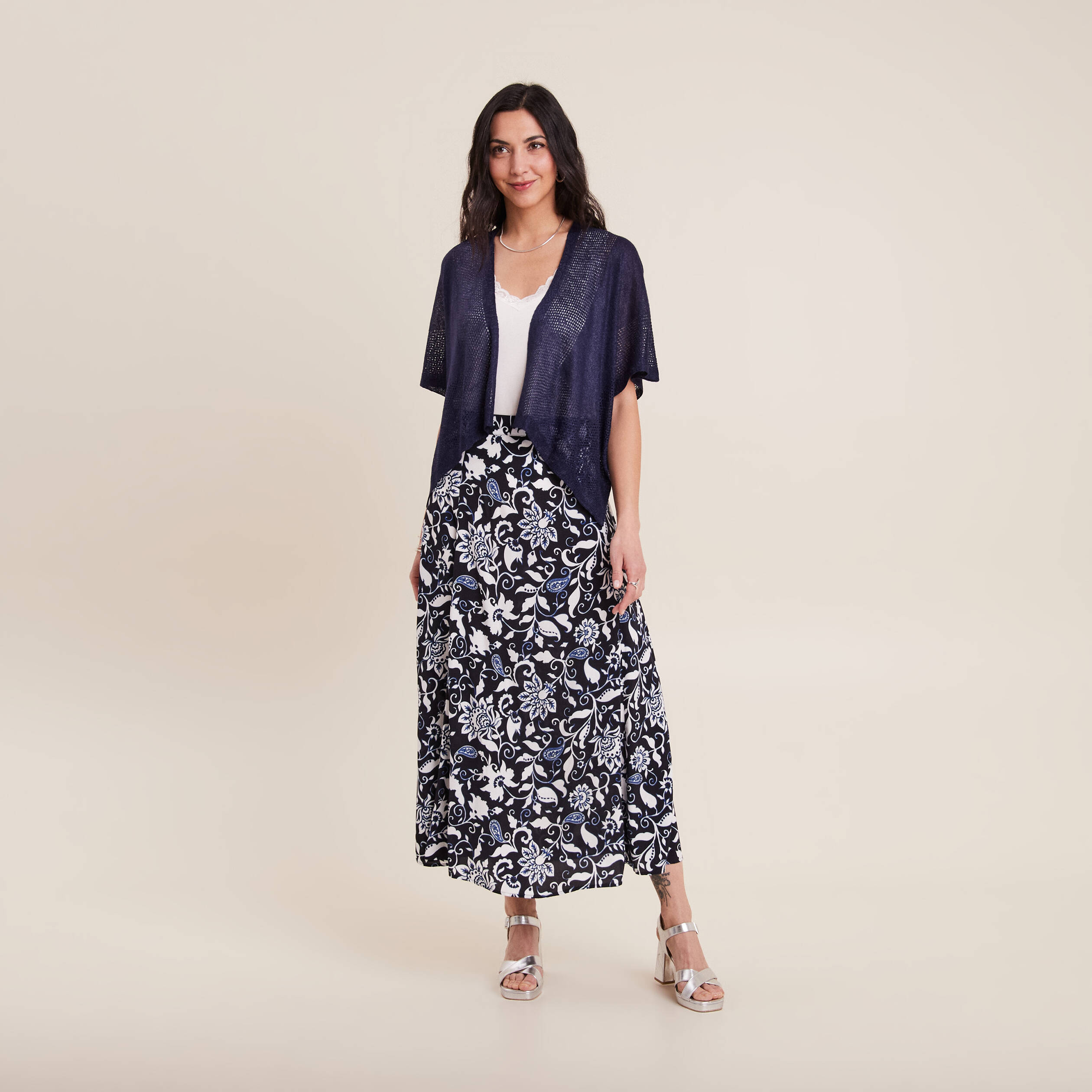 Jupe longue évasée bleu foncé femme