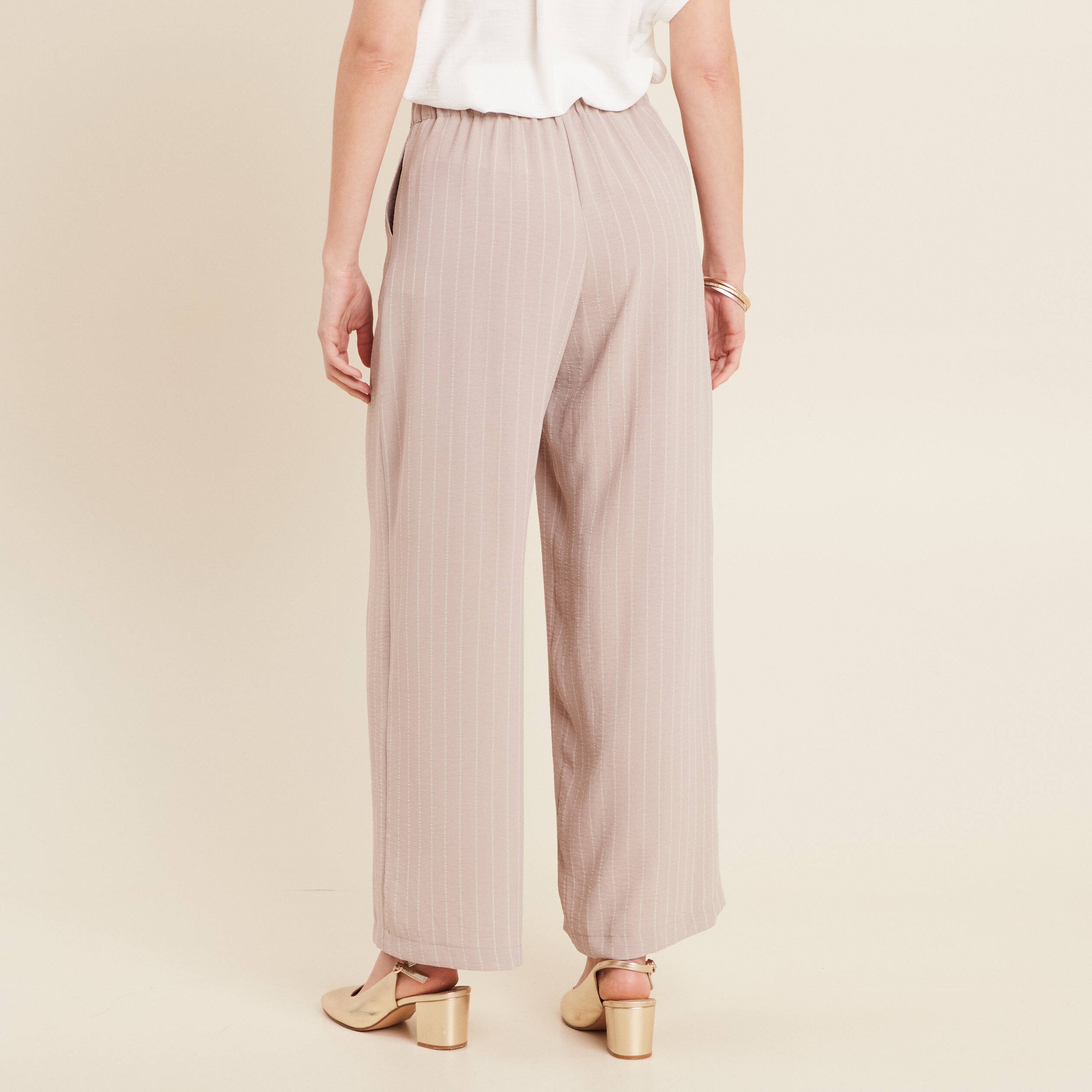 Pantalon large taille haute beige femme