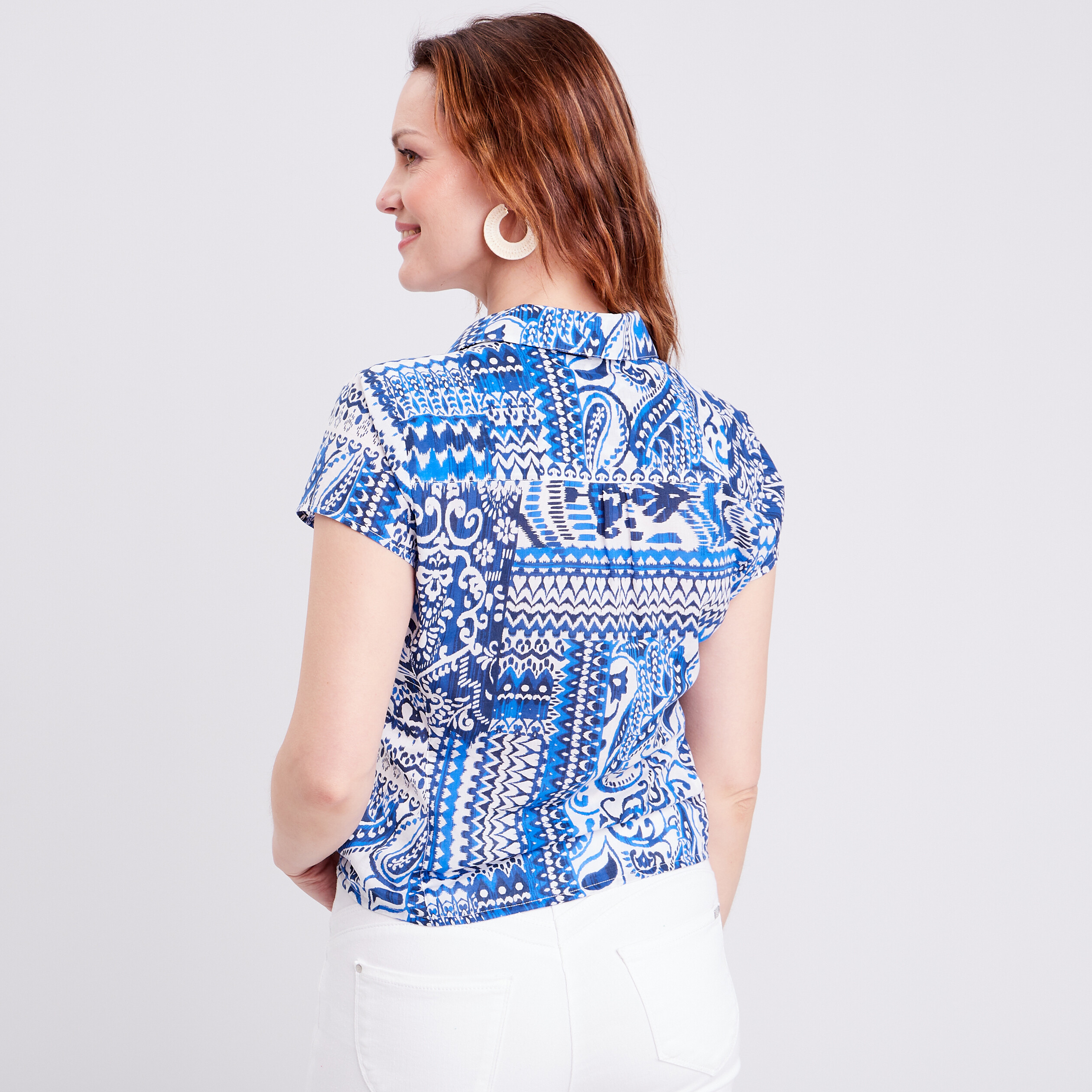 Chemise manches courtes nouée bleu femme