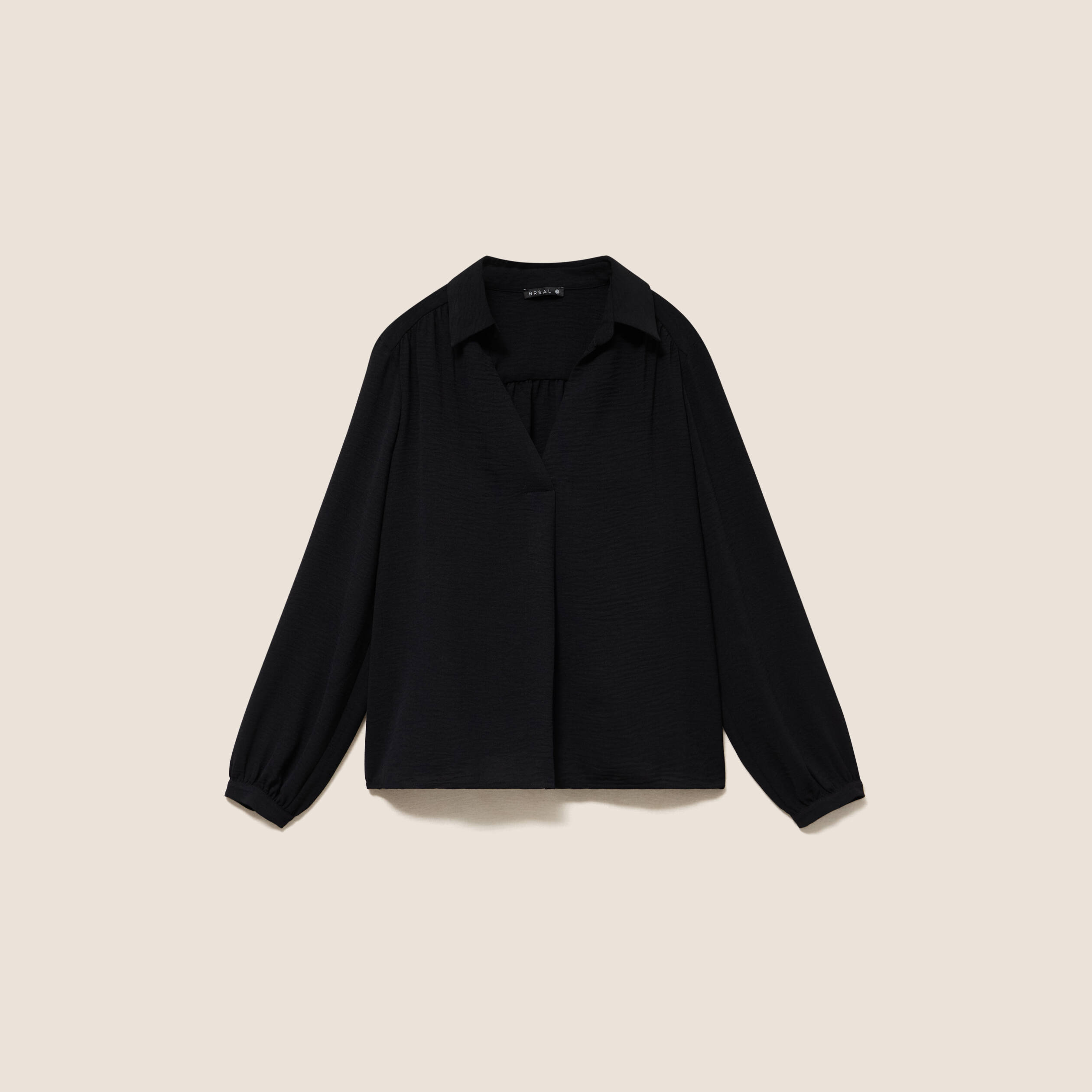 Blouse ample col chemise manches longues noir femme