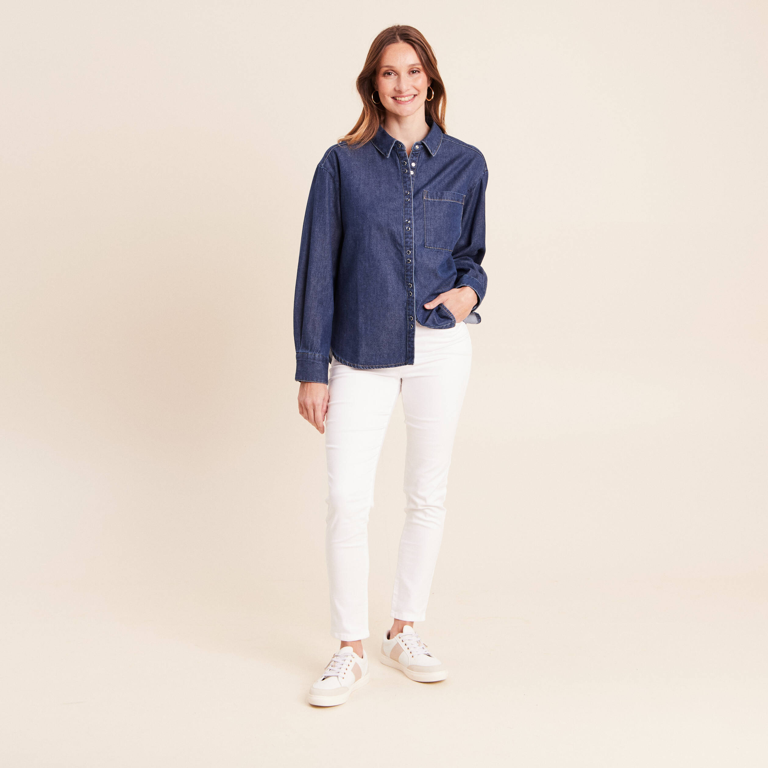 Chemise ample en coton manches longues denim brut femme