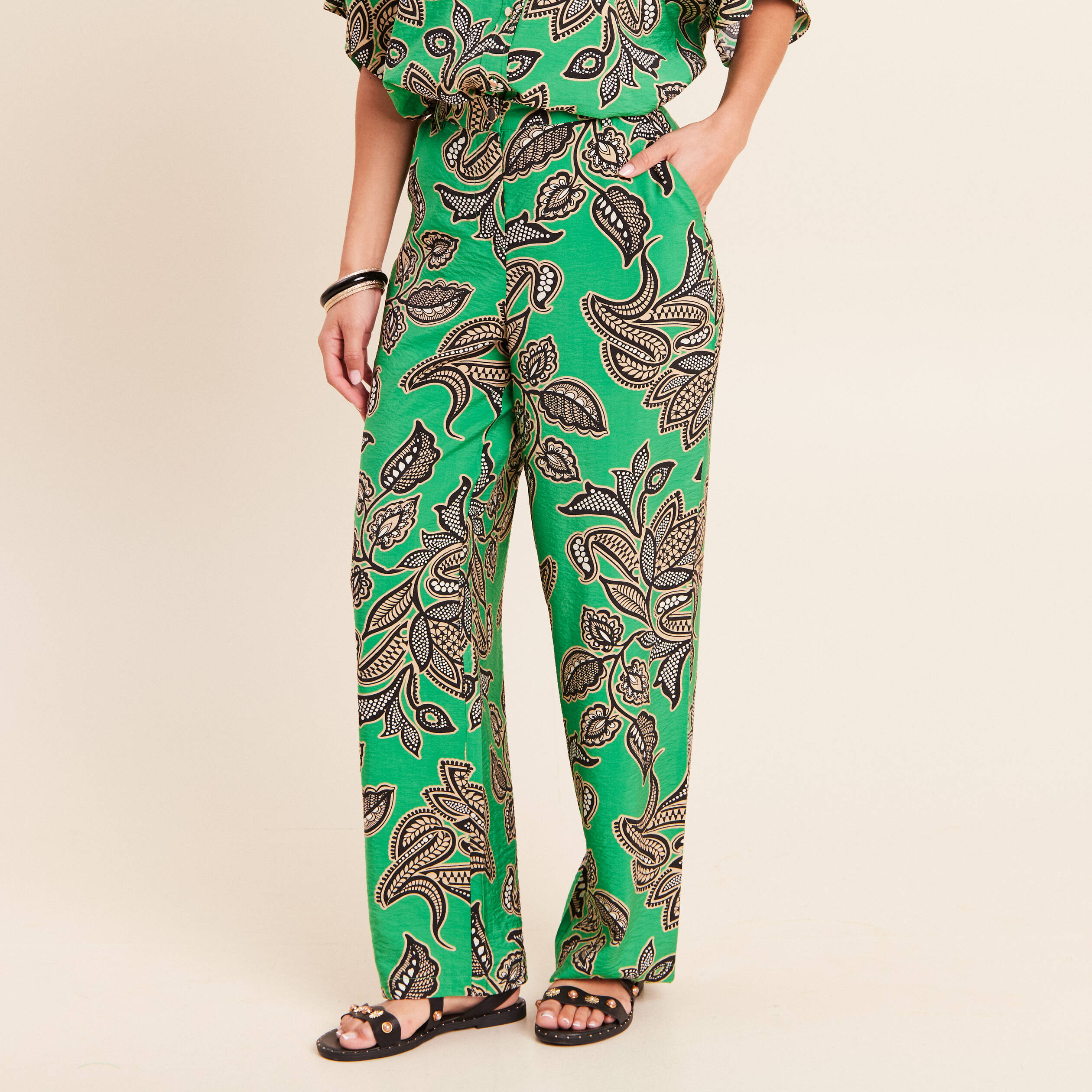 Pantalon large taille haute vert femme