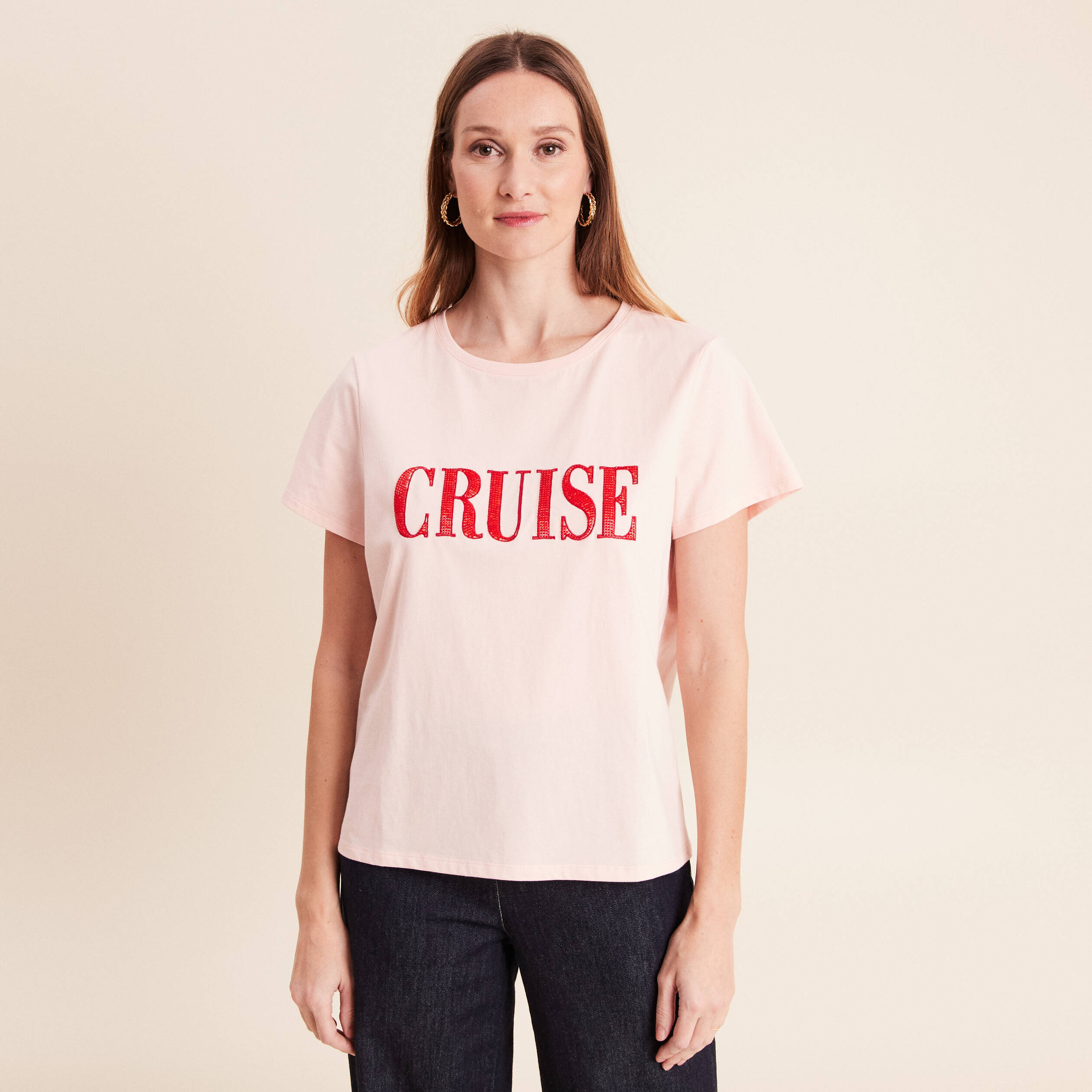 T-shirt col rond manches courtes rose poudr&eacute;e femme