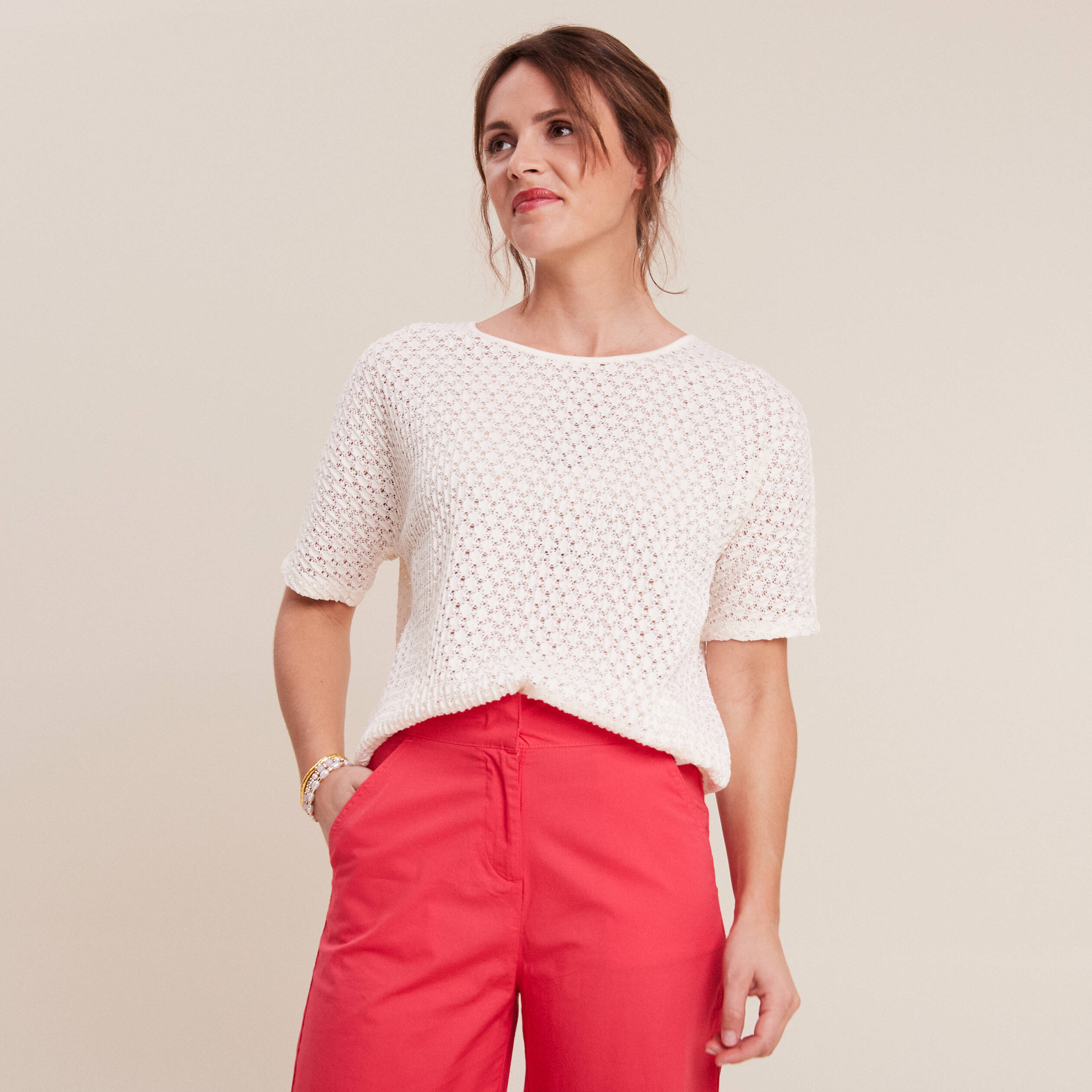 Blouse manches courtes crochet ecru femme